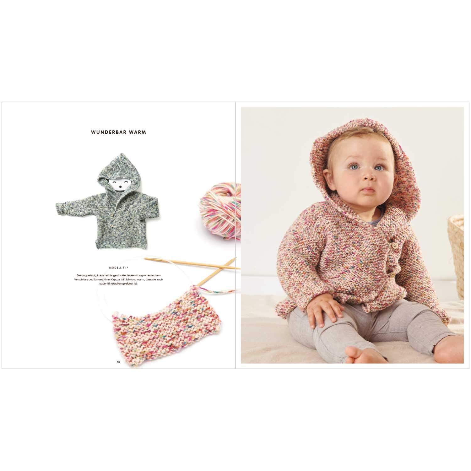 Baby Merino 02: Strickjacke mit Kapuze für Babys, präsentiert von Rico Design, neben Strickzubehör.