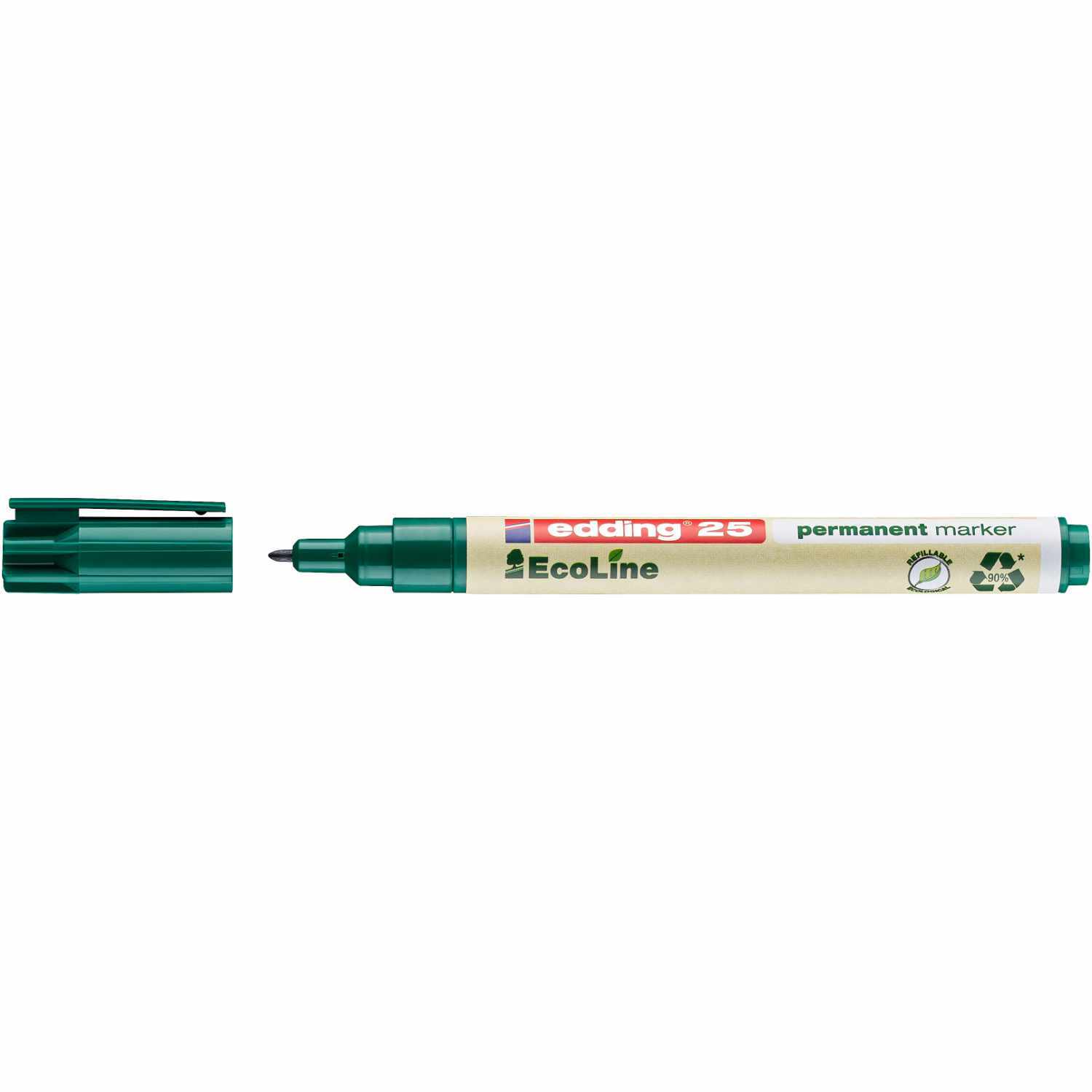 25 EcoLine Permanentmarker 1mm von edding, grün, mit abnehmbarer Kappe und Recycling-Symbolen. Ideal für umweltbewusstes Schreiben.