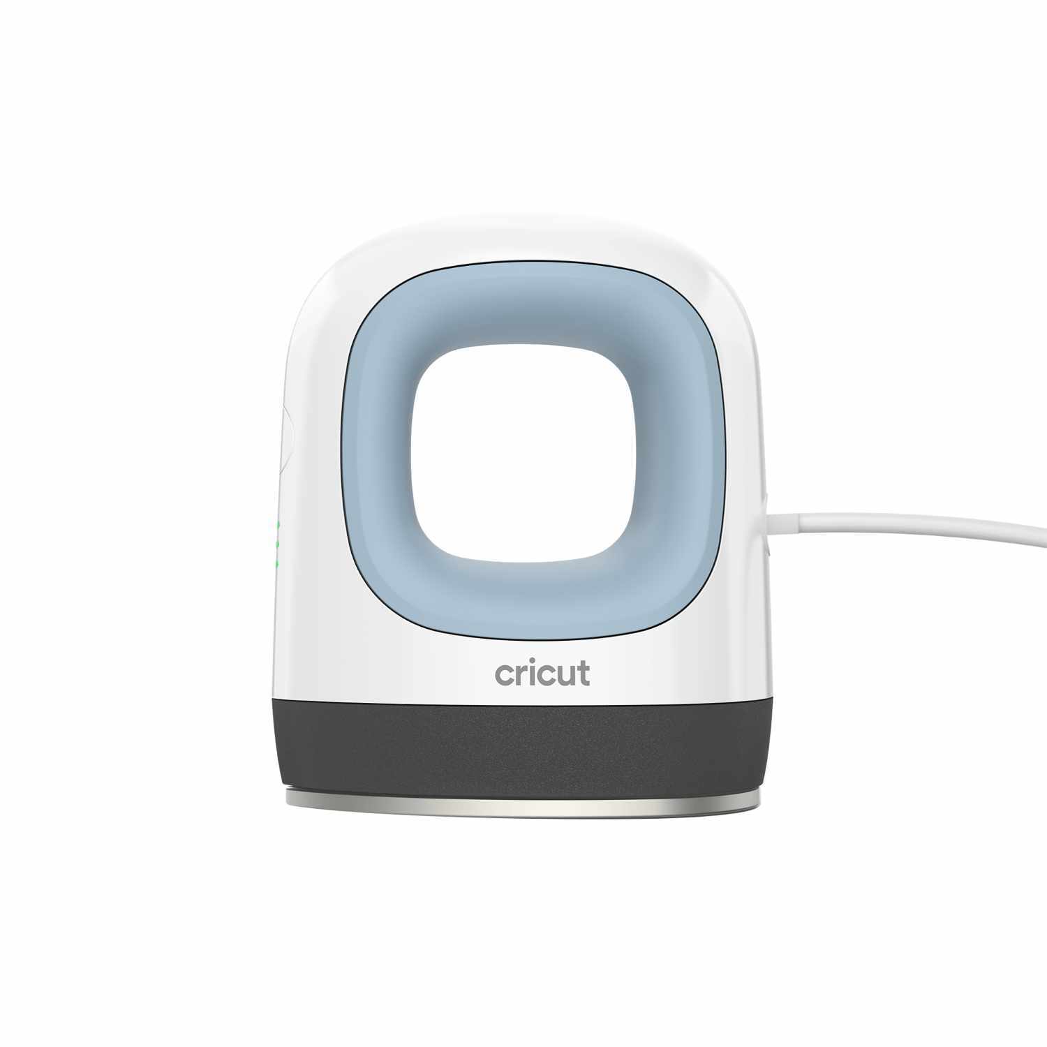 Easypress Mini Zenblue von Cricut, kompakte Bügelpresse in Weiß mit blauer Akzentfarbe, ideal für kleine Projekte.