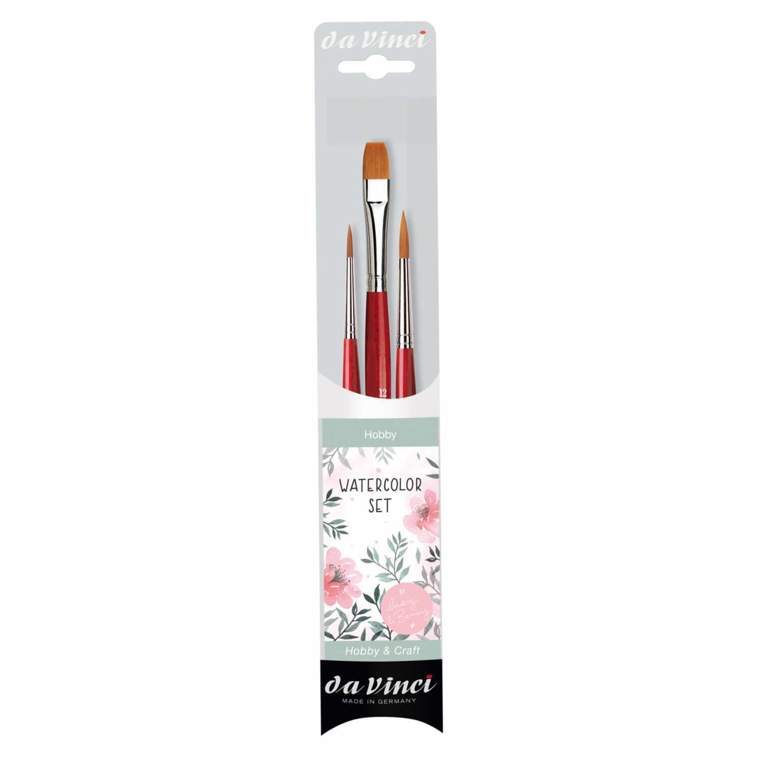 da Vinci Pinsel-Set Watercolor von May&Berry, bestehend aus drei Pinseln in einer Verpackung mit floralem Design.