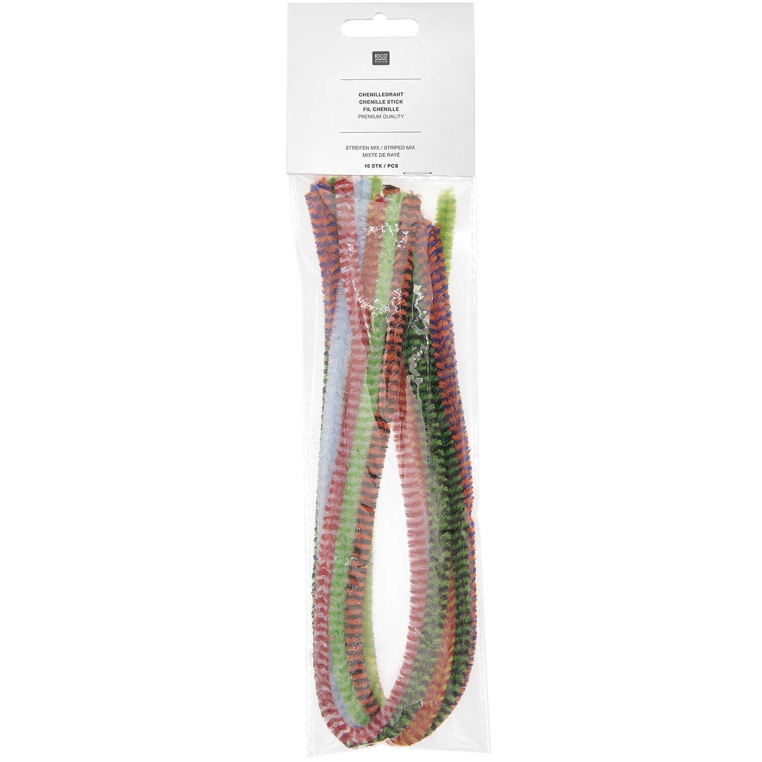 Chenilledraht-Mix 50cm 10 Stück von Rico Design, bunte Streifen in einer transparenten Verpackung. Ideal für kreative Bastelprojekte.