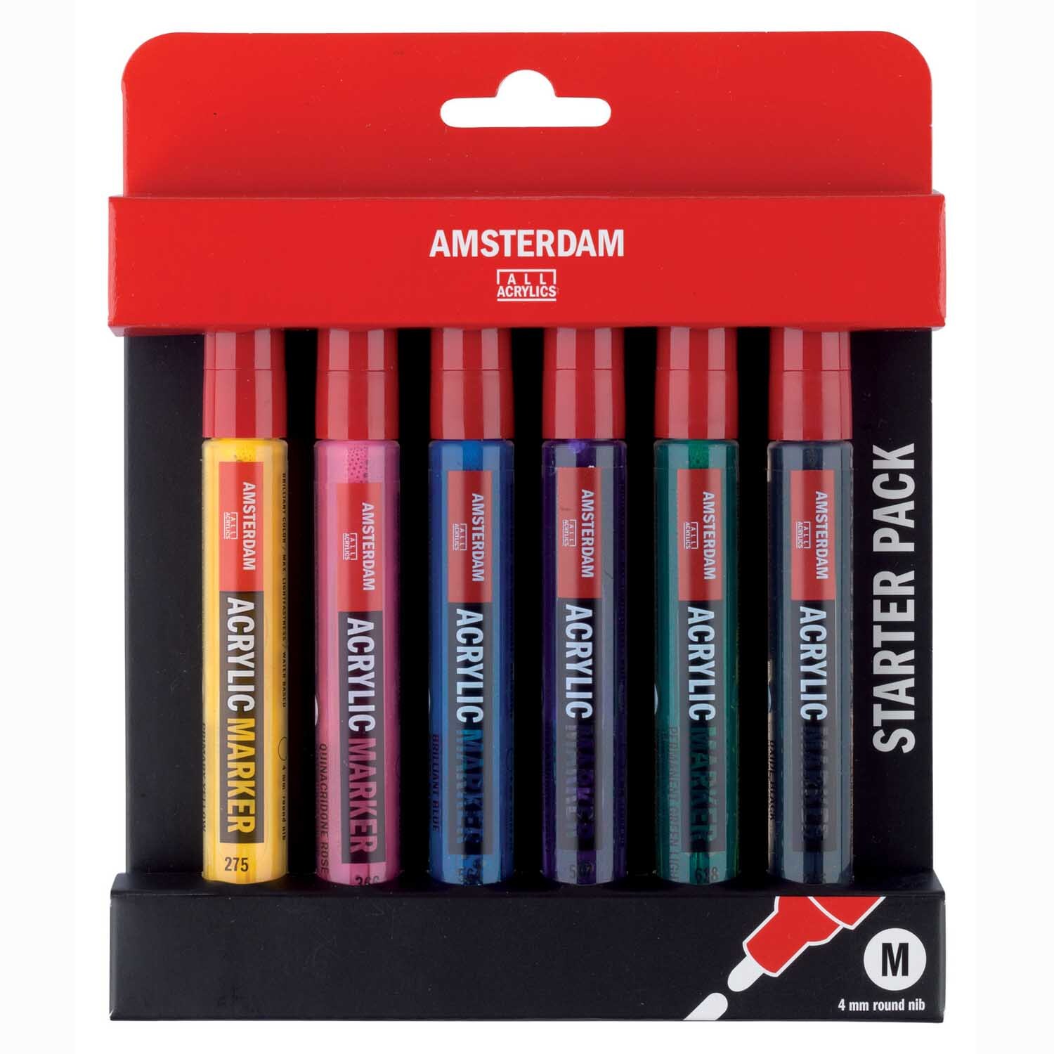 Acrylic Marker Set Basis 6 Stück: Sechs mehrfarbige Marker von AMSTERDAM in einer schwarzen Verpackung.