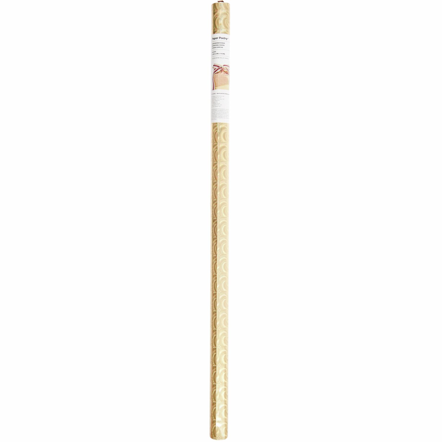 Geschenkpapierrolle in Gold mit elegantem Muster, ideal zum Verpacken von Geschenken.