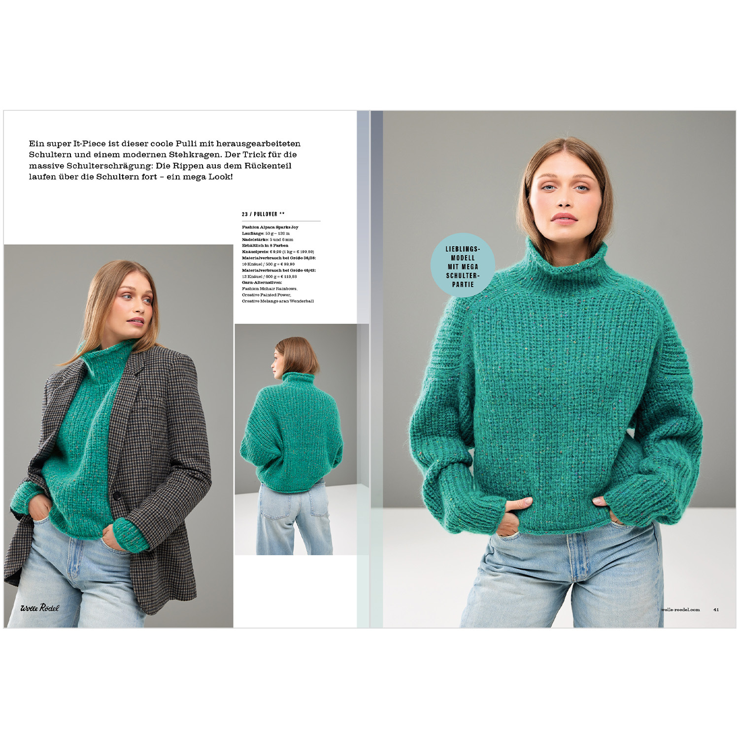 Die Neue Masche Nr. 08 Winter: Frau trägt grünen Pullover von Wolle Rödel, kombiniert mit grauem Blazer und Jeans.