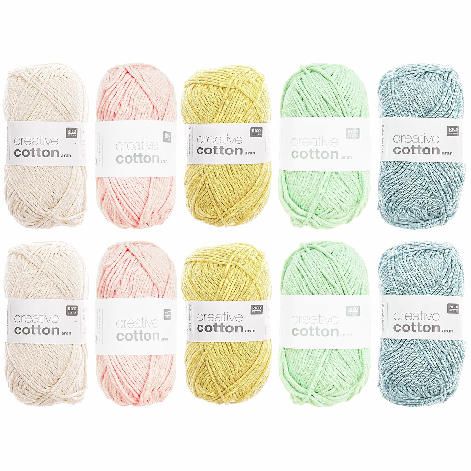 Wollpaket Creative Cotton aran Pastell von Rico Design, 10x50g, in sanften Pastelltönen.