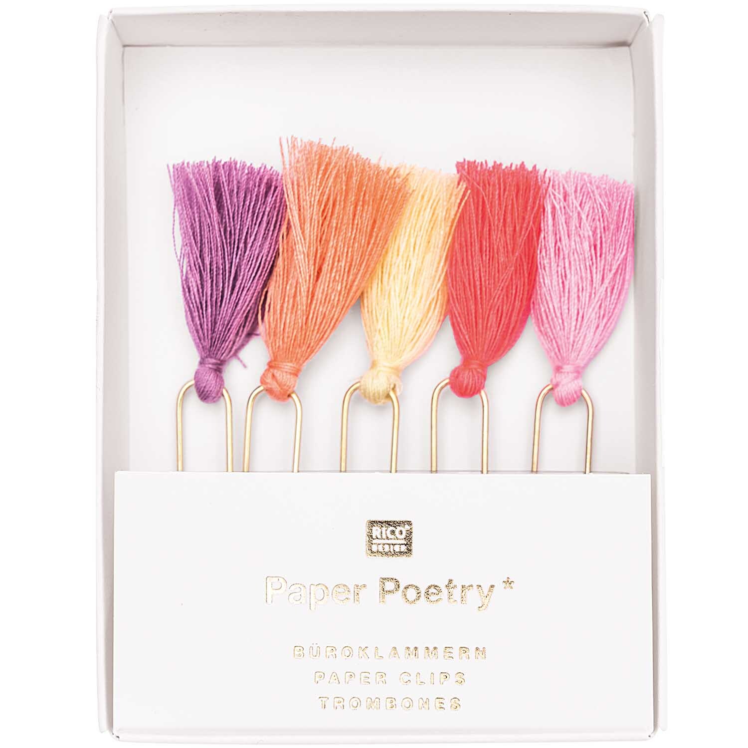 Paper Poetry Büroklammern mit bunten Quasten in einer Box, ideal für kreative Büroarbeiten.