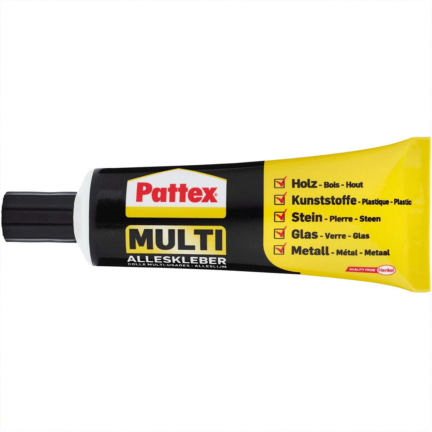 Multi Alleskleber 50g von Pattex in einer gelben Tube, geeignet für Holz, Kunststoffe, Stein, Glas und Metall.