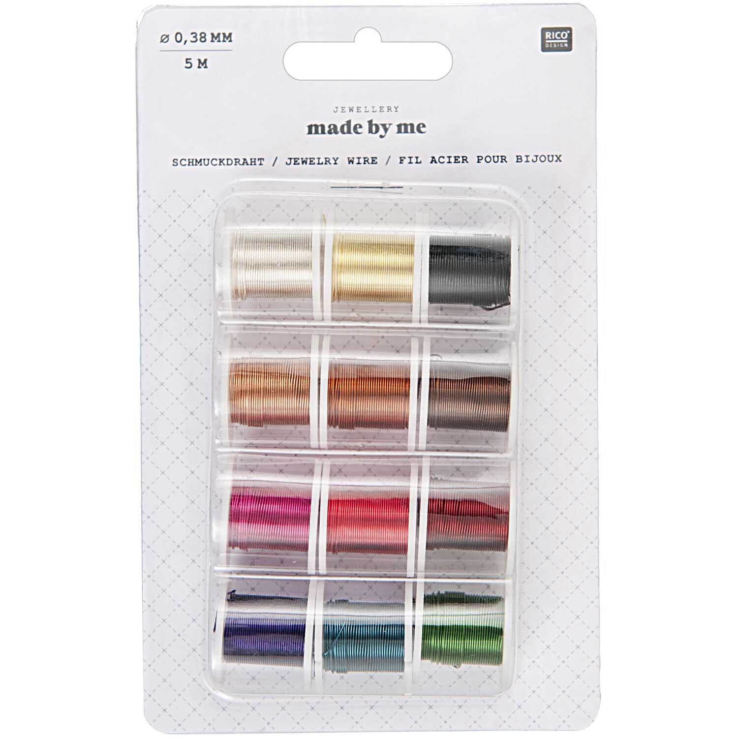 Schmuckdraht 0,38mm 5m Stahl 12 Spulen: Zwölf bunte Spulen Schmuckdraht von Rico Design in einer Verpackung.