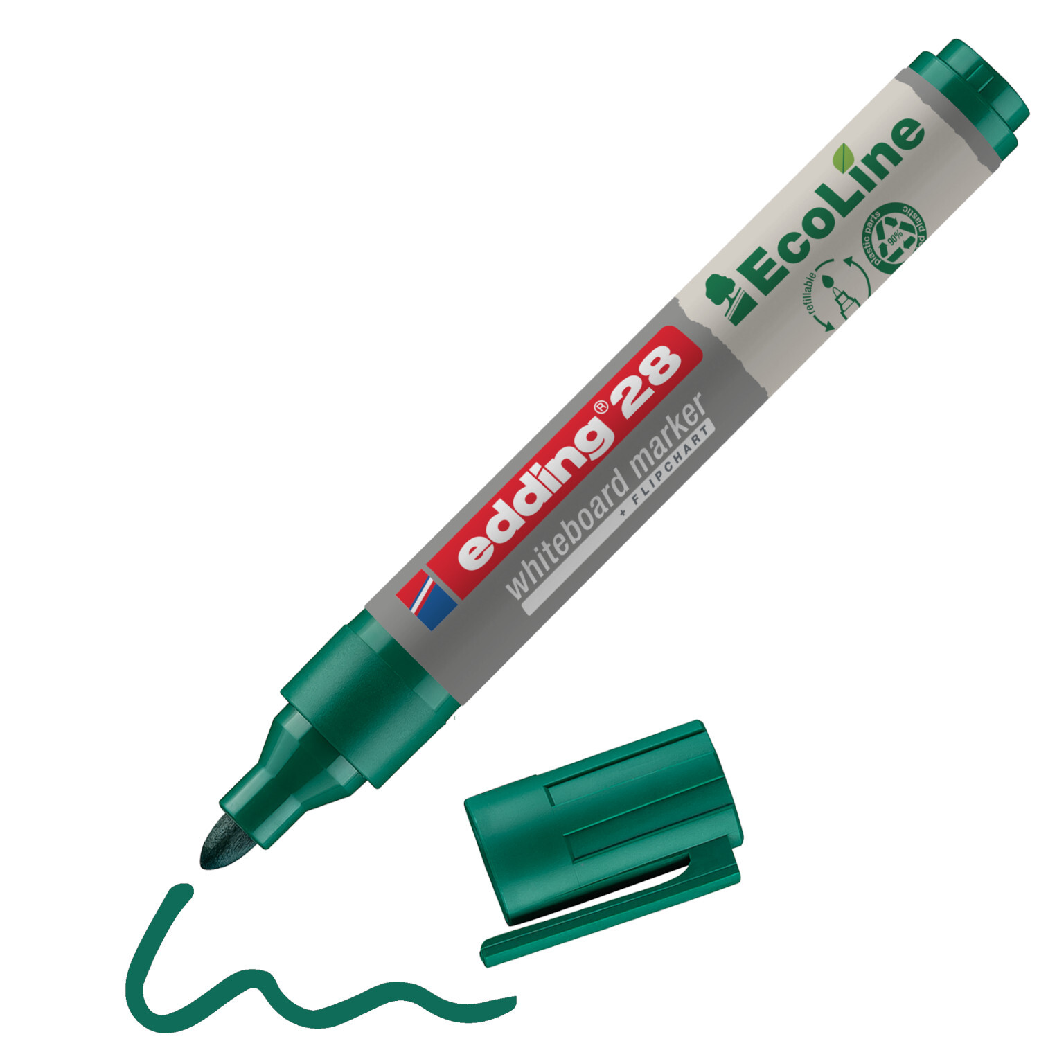 28 EcoLine Whiteboardmarker 1,5-3mm in Grün von edding, ideal für klare, umweltfreundliche Beschriftungen.