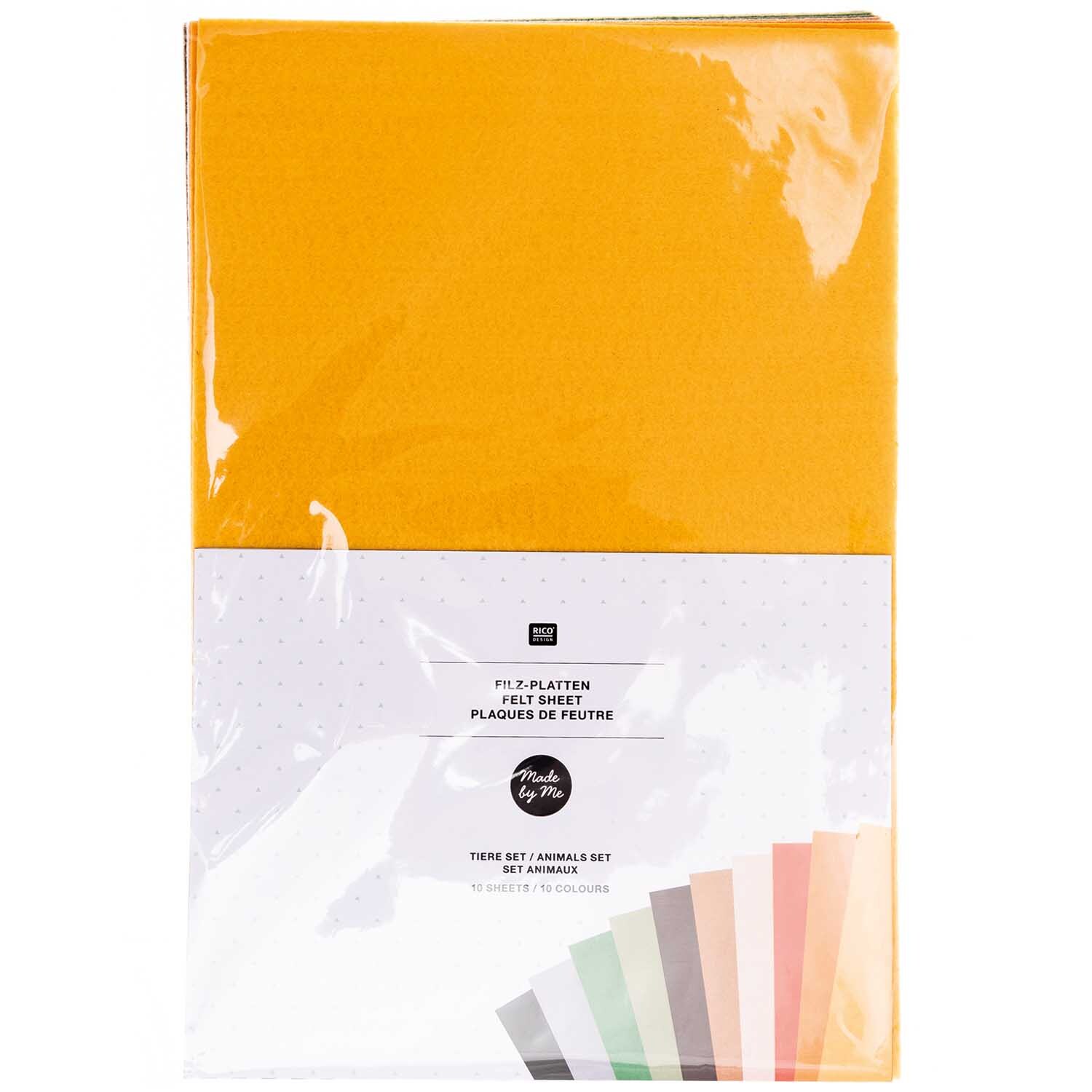 Filz-Plattenset 1mm 20x30cm 10 Farben von Rico Design, in Erdfarben, zeigt bunte Filzplatten.