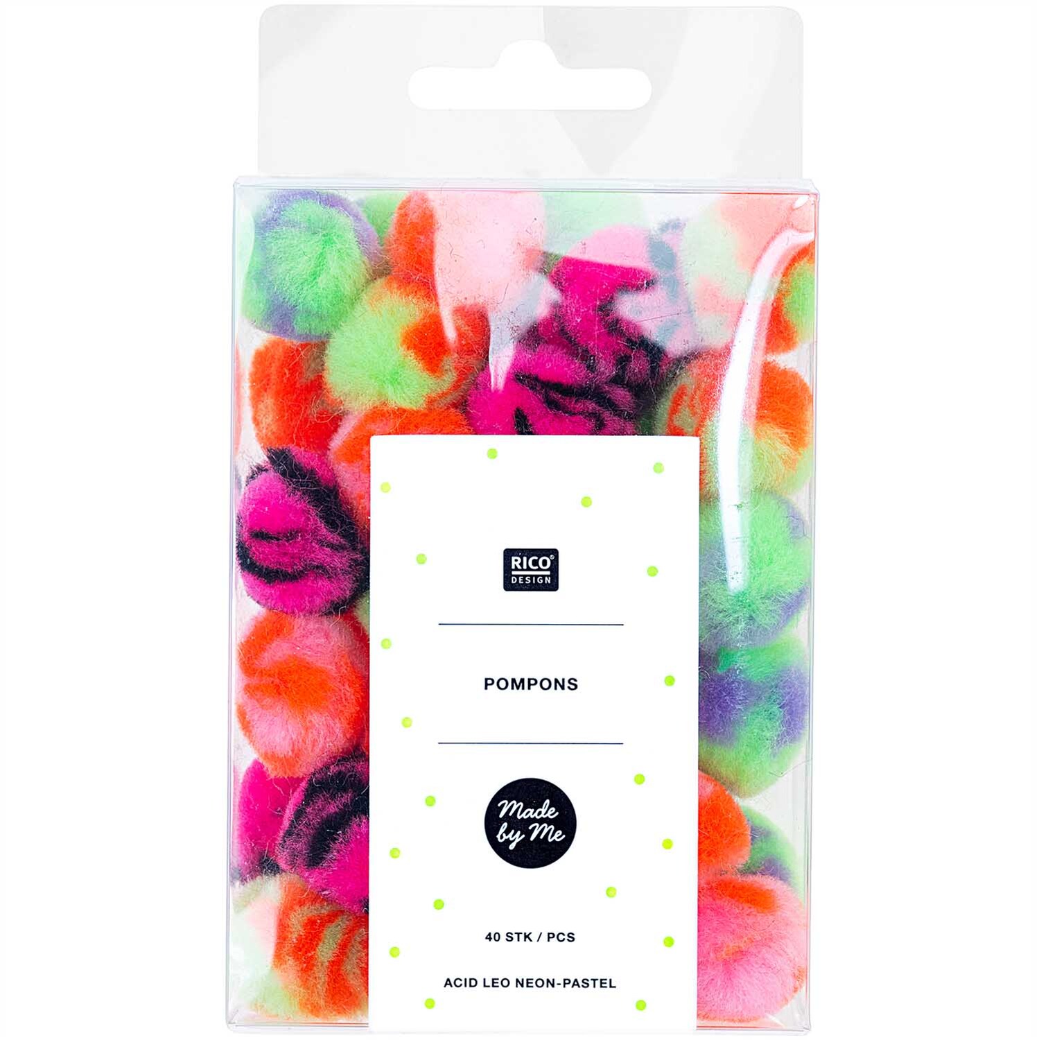 Pompons Acid Leo 25mm 40 Stück von Rico Design in leuchtenden Neon-Pastellfarben in einer transparenten Verpackung.