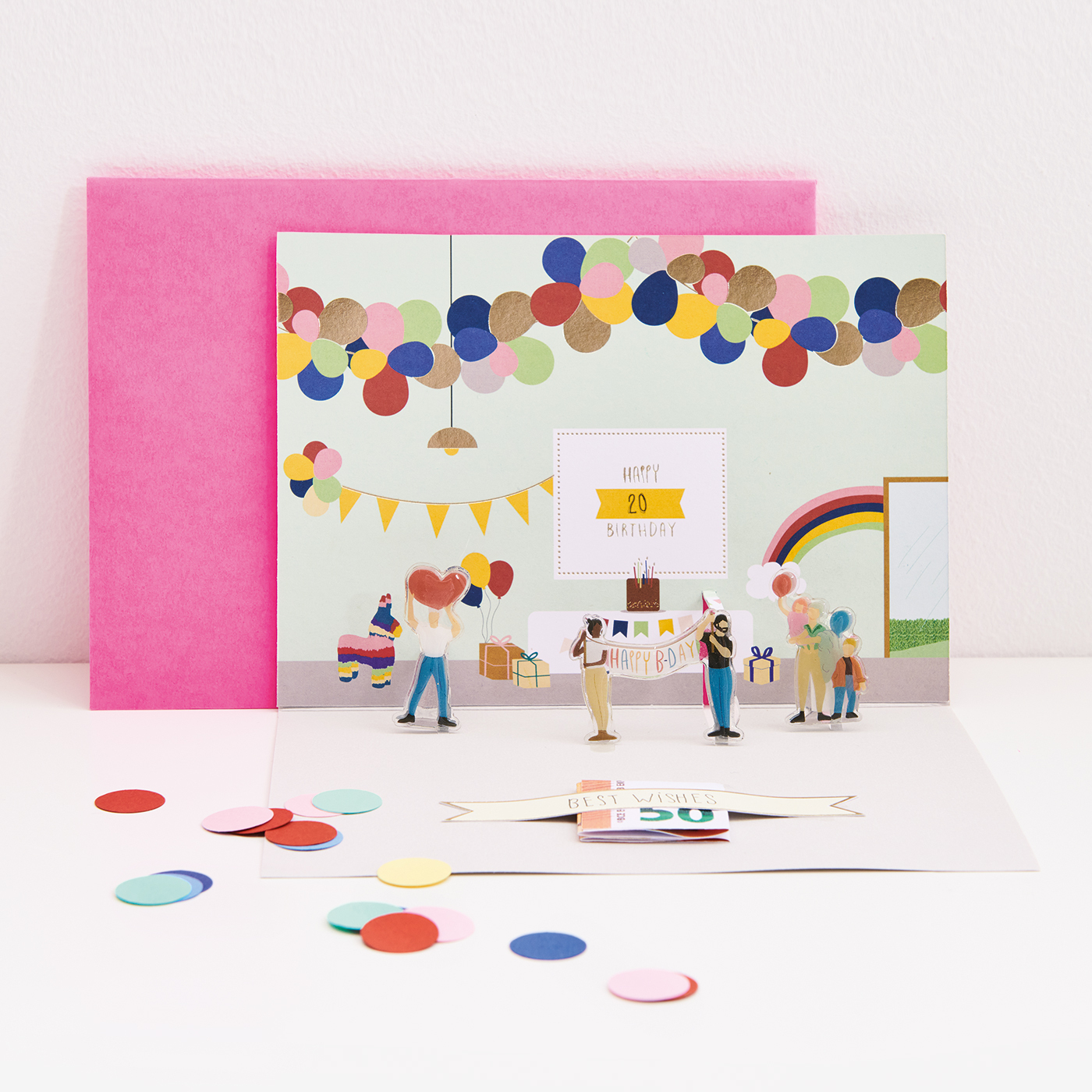 Bastelanleitung Figurico Geburtstag-Karte zeigt eine bunte Party-Szene mit Luftballons und Figuren.