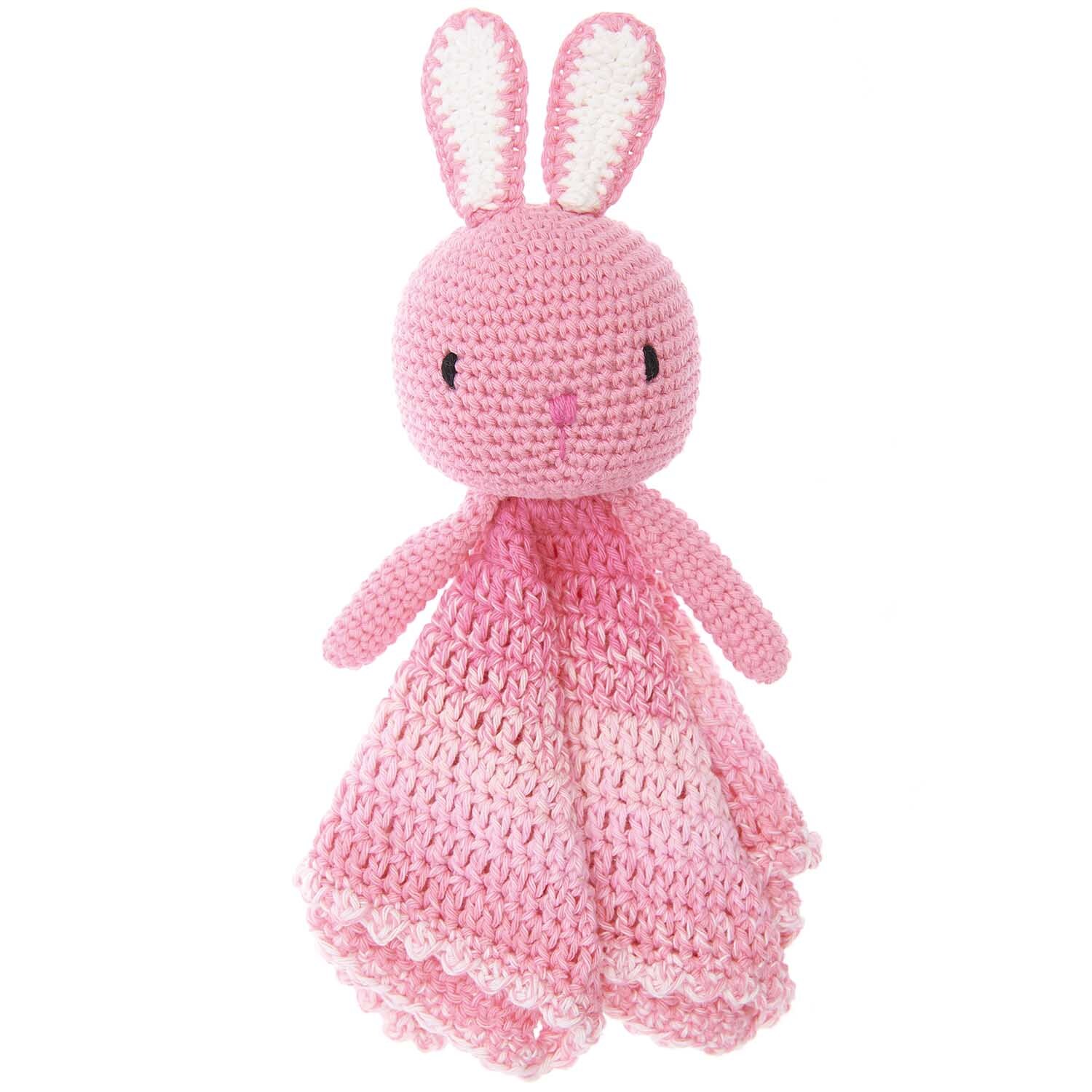 Häkelset Ricorumi Baby Blankies Hase in Rosa von Rico Design, zeigt einen niedlichen gehäkelten Hasen mit langen Ohren und einem weichen Tuch.