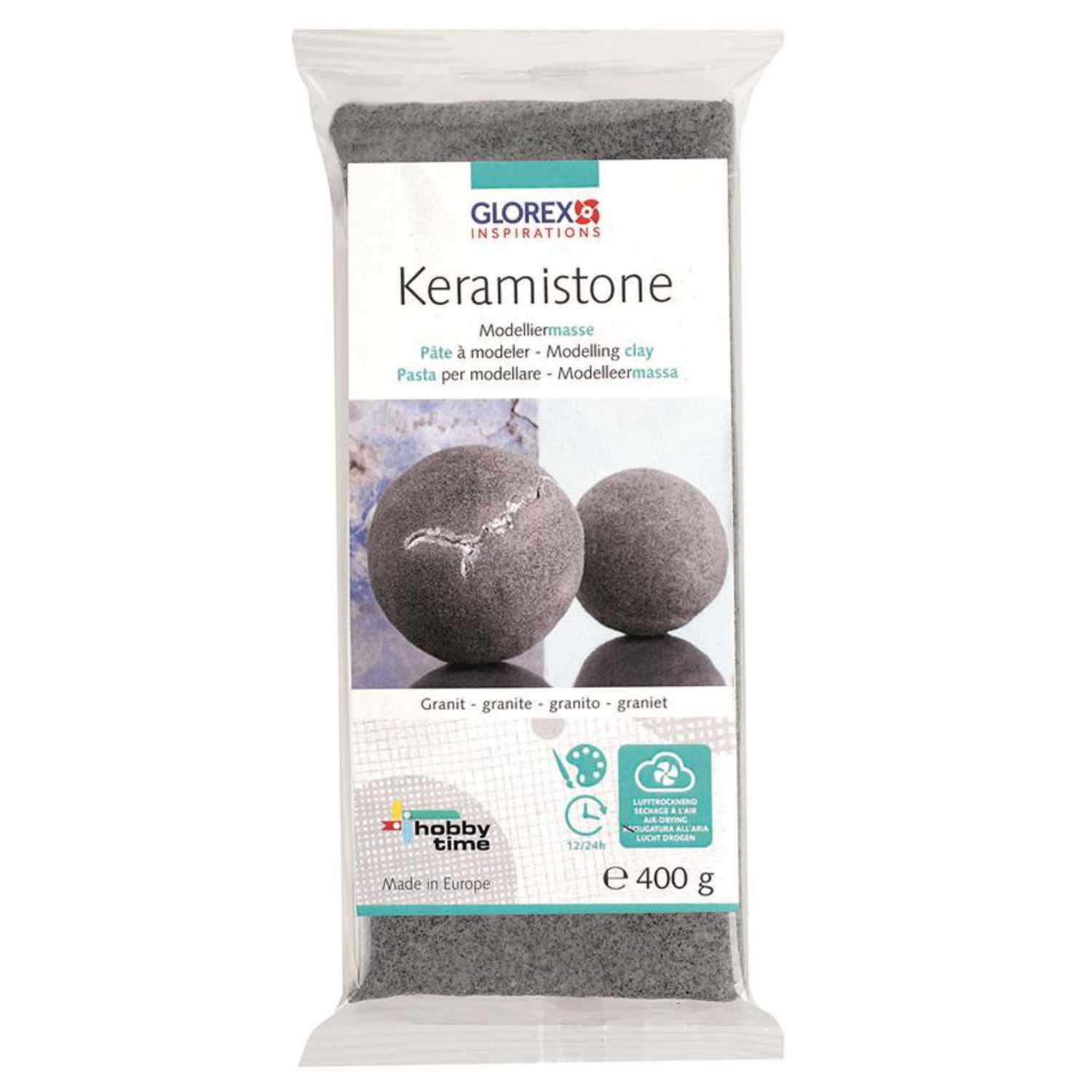 Keramiton 400g Granit Modelliermasse von Glorex, graue Verpackung mit zwei geformten Kugeln.