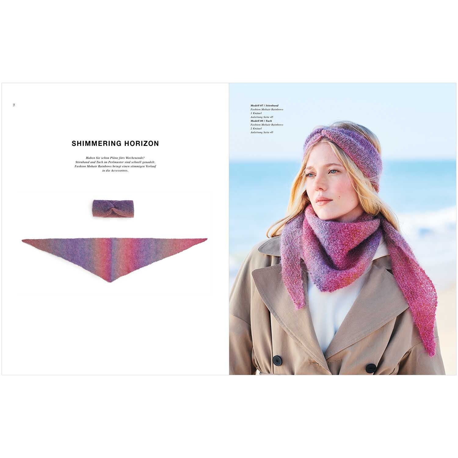 Accessoire Special: Frau am Strand mit lila Stirnband und Schal von Rico Design, ideal für kühle Tage.