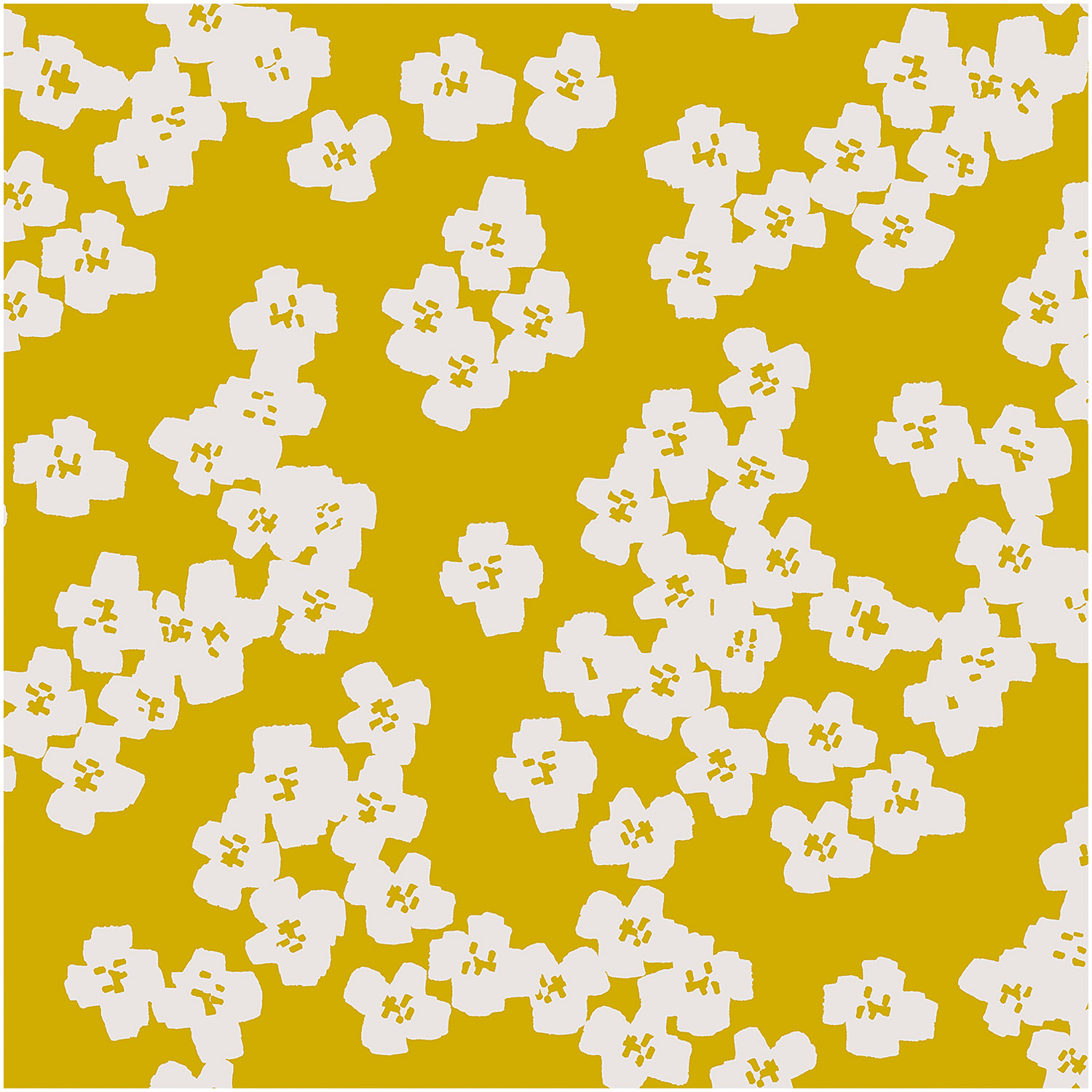 Druckstoff Okina Hana mit weißen Blumen auf senfgelbem Hintergrund, von Rico Design, 140 cm beschichtet.