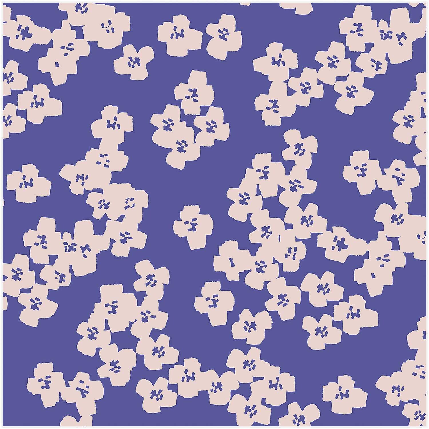 Druckstoff Okina Hana mit blauen und rosa Blumenmuster von Rico Design, ideal für kreative Projekte.