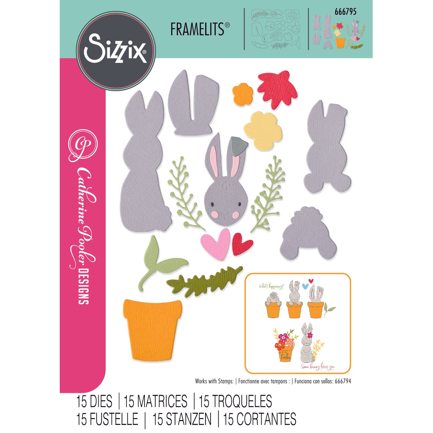 Thinlits Die Set Bunny Bits & Blooms #2 15PK: Sizzix Stanzformen mit Hasen- und Blumenmotiven in Pastellfarben für kreative Bastelprojekte.