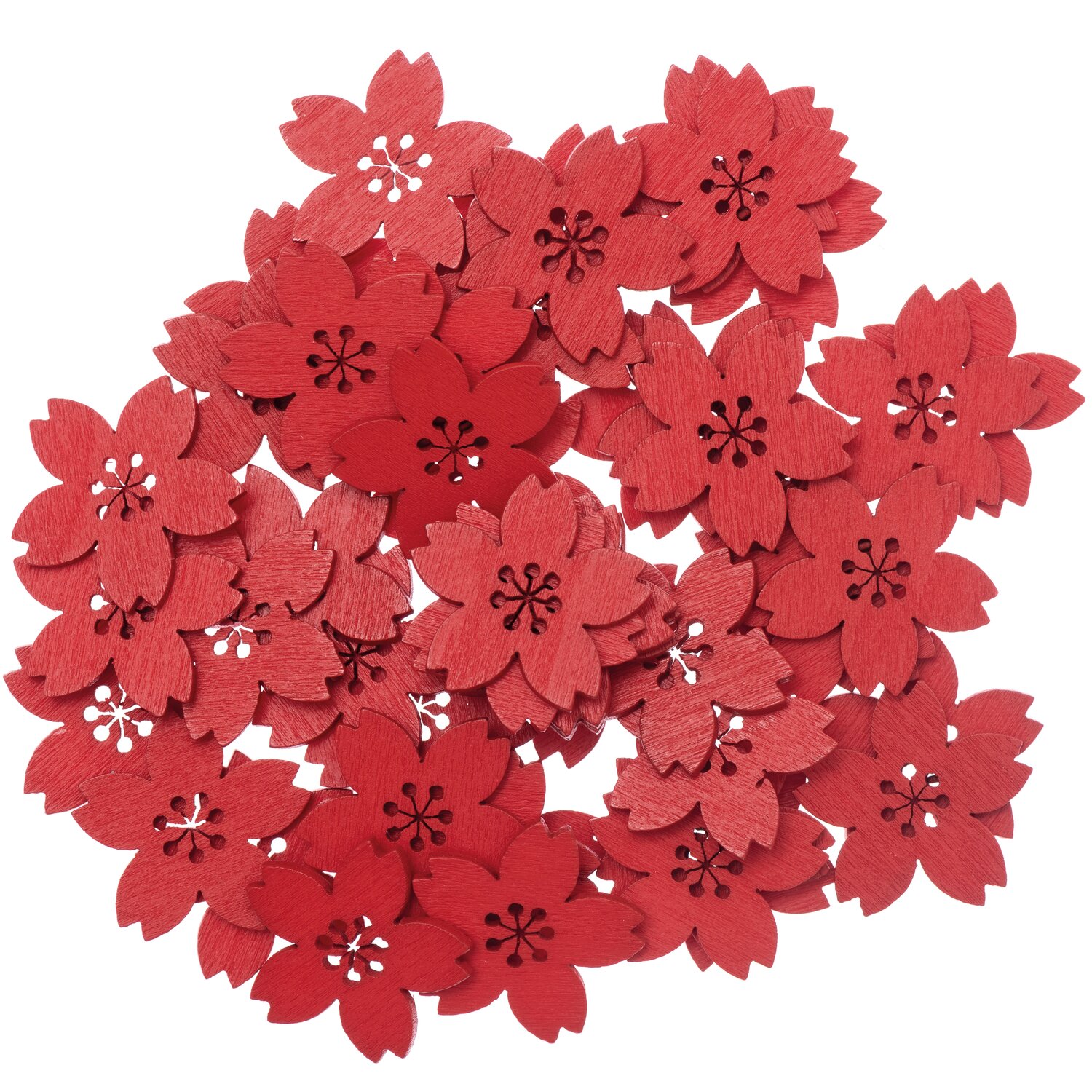 Holzstreu Kirschblüte 48 Stück: Rote, dekorative Holzblüten von Rico Design, ideal für kreative Bastelprojekte.