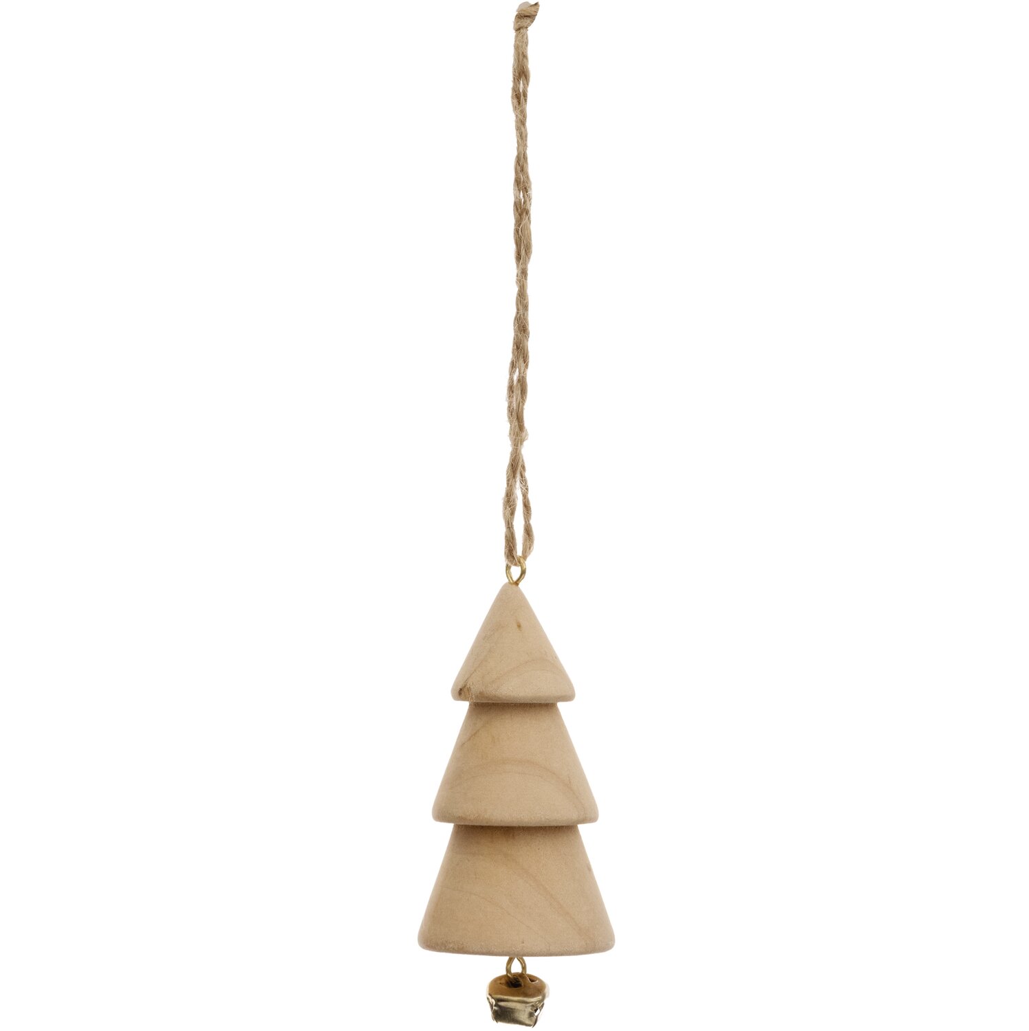 Holzhänger Tanne mit Glocke natur, 4x9,5cm. Dekorativer Anhänger aus Holz mit kleiner Glocke.