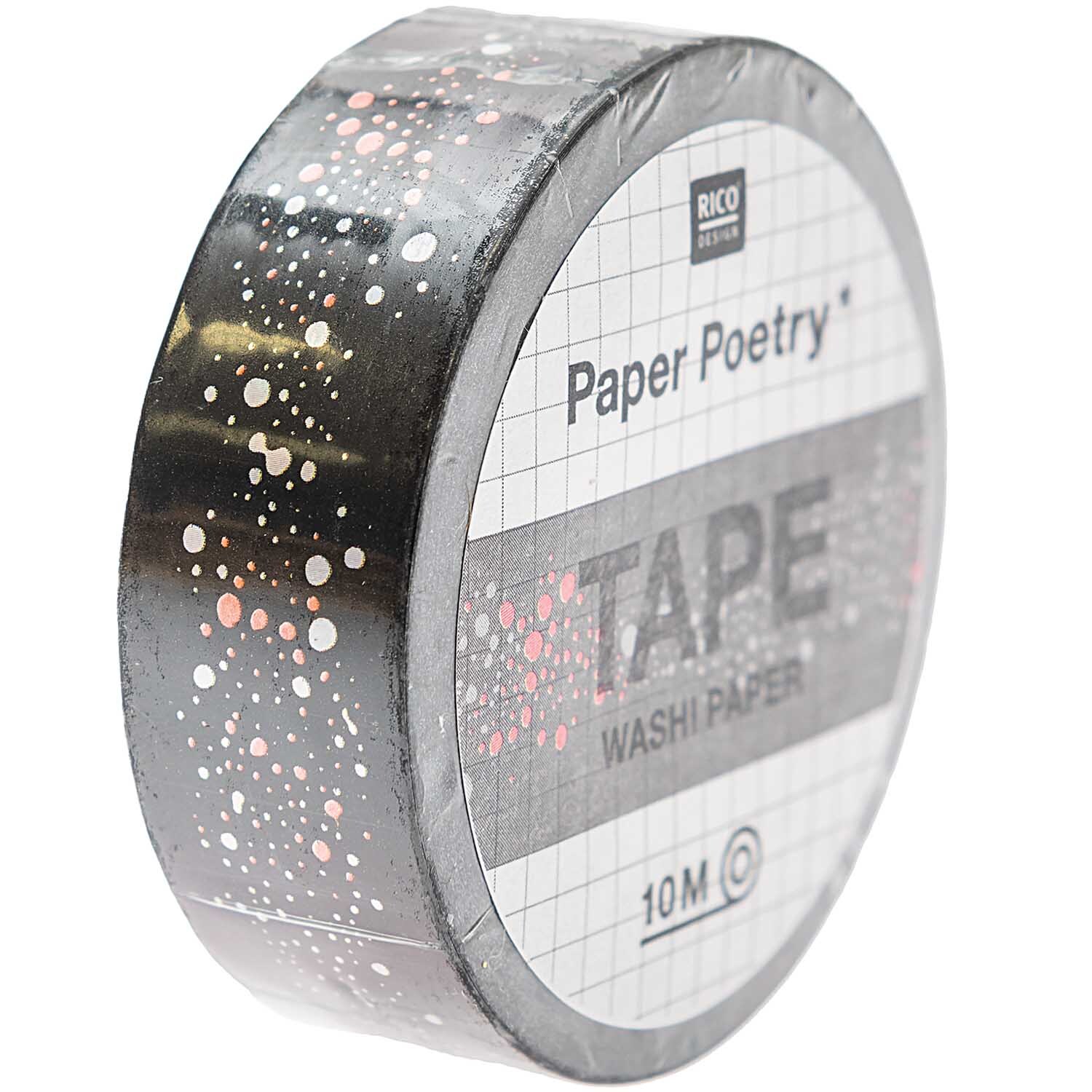 Paper Poetry Tape Mermaid Bubbles, 1,5 cm x 10 m, zeigt ein schwarzes Design mit bunten Blasen. Marke: Rico Design. Ideal für kreative Projekte.