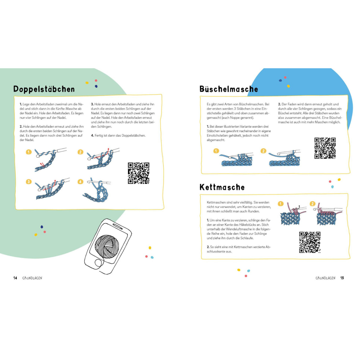 Häkeln - Super easy für Kids: Anleitung für Doppelstäbchen, Büschelmasche und Kettmasche mit Illustrationen und QR-Codes.