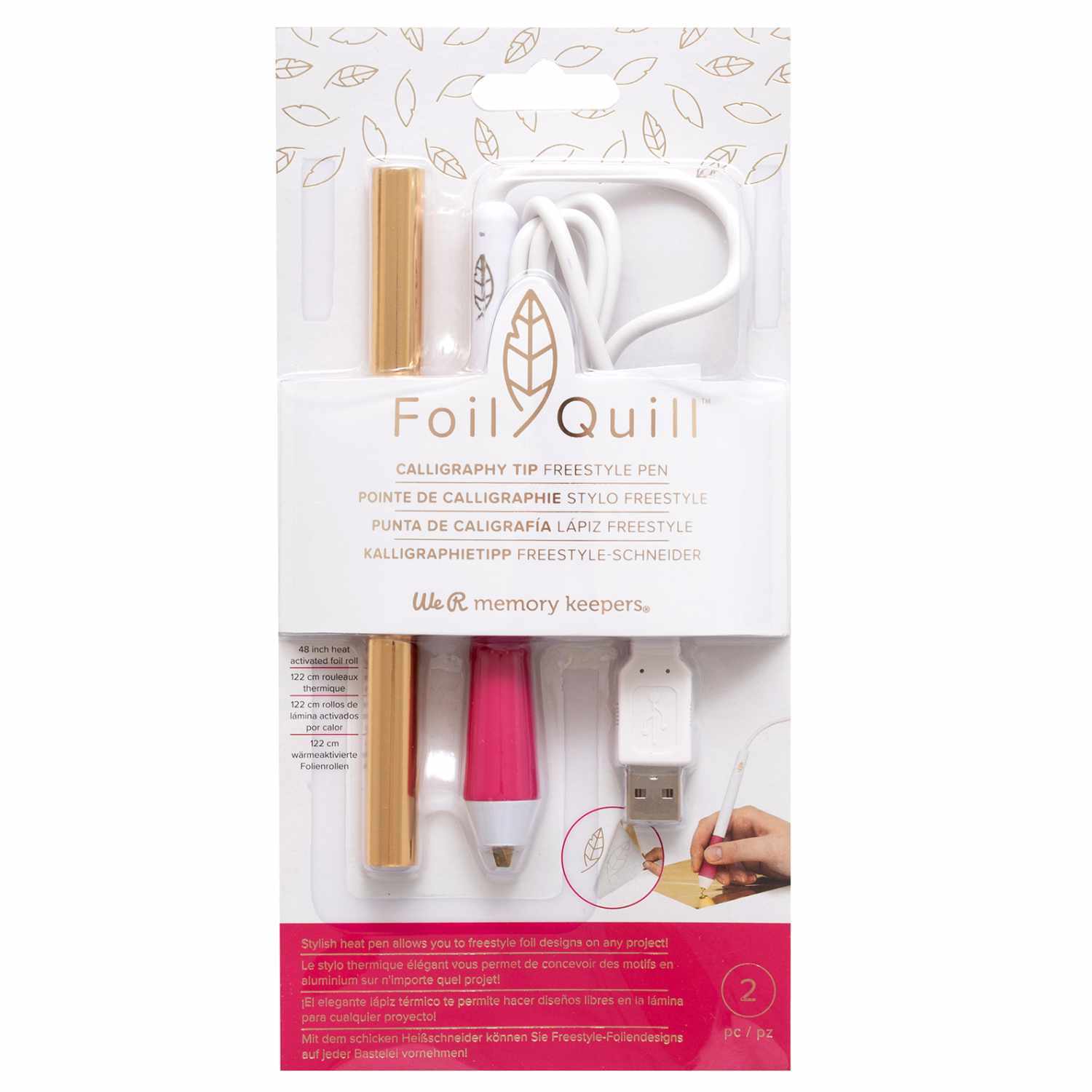 Foil Quill Kalligraphie Spitze Freestyle Pen mit USB-Anschluss und Zubehör, ideal für kreative Projekte. Verpackung zeigt mehrfarbige Stifte.