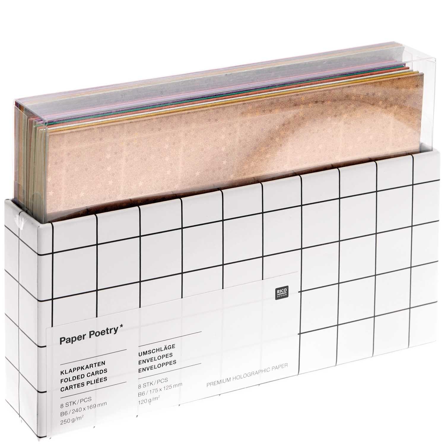 Paper Poetry Kartenset Sterne rainbow B6, 16-teilig, von Rico Design. Enthält bunte Klappkarten und Umschläge in einer eleganten Verpackung.