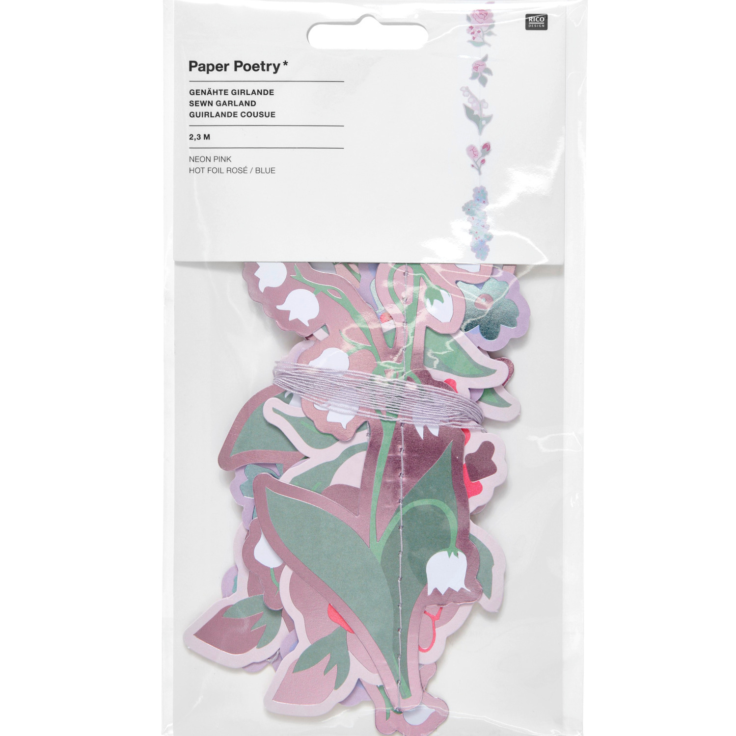 Paper Poetry Genähte Girlande Vergissmeinnicht zeigt eine bunte, florale Girlande von 2,3m Länge.