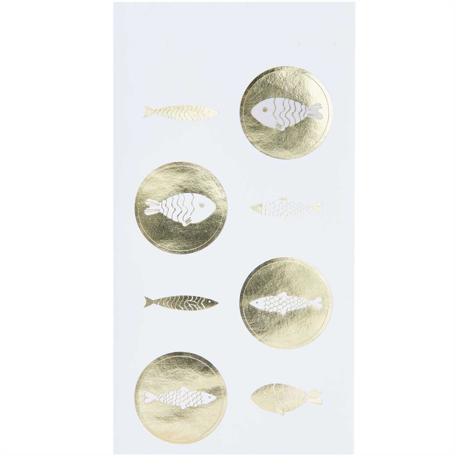 Paper Poetry Sticker Fische weiß-gold 4 Blatt von Rico Design. Elegante Fischmotive in Gold auf weißem Hintergrund. Ideal für kreative Projekte.