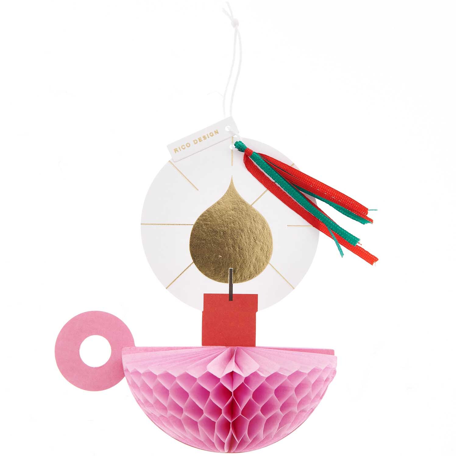 Paper Poetry Kartenset mit Pop-Up Anhänger Kerze B6 zeigt eine goldene Kerze mit rosa Wabenstruktur und bunten Bändern.