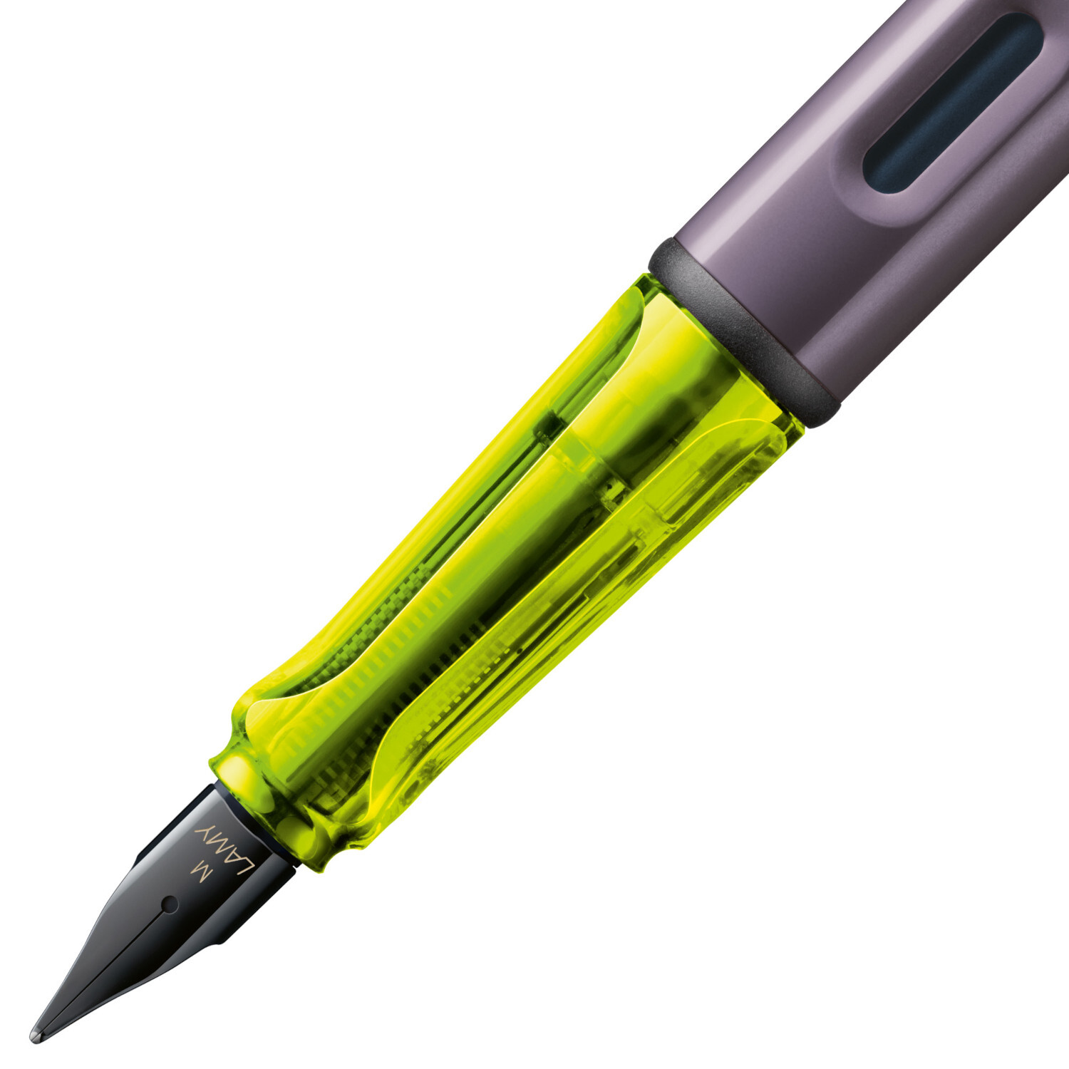 Füllhalter AL-star mit Feder M, Lamy. Der Schaft in Aubergine und der Griff in leuchtendem Gelb.