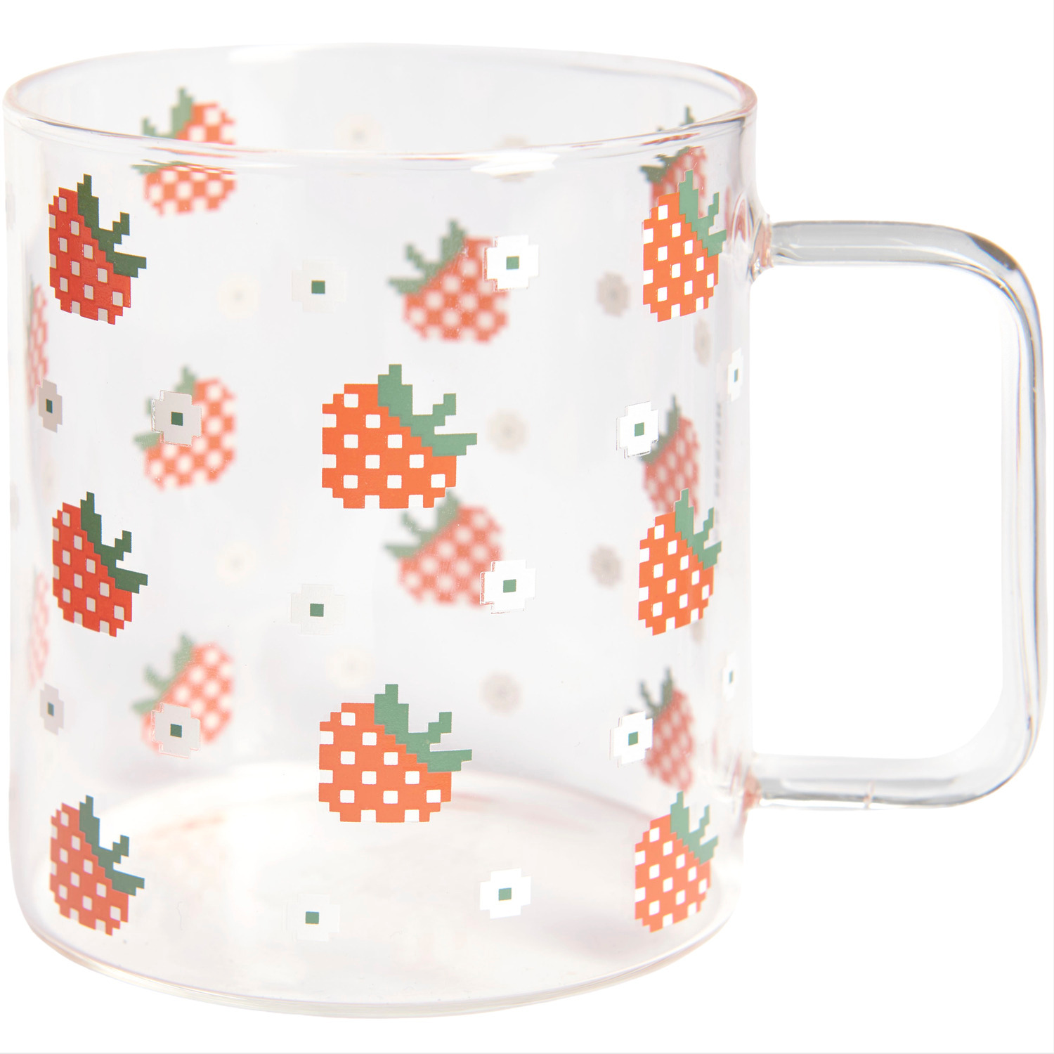 Glastasse Erdbeeren mit frischem Erdbeermuster, ideal für Sommergetränke, von Rico Design, Ø8,5cm.
