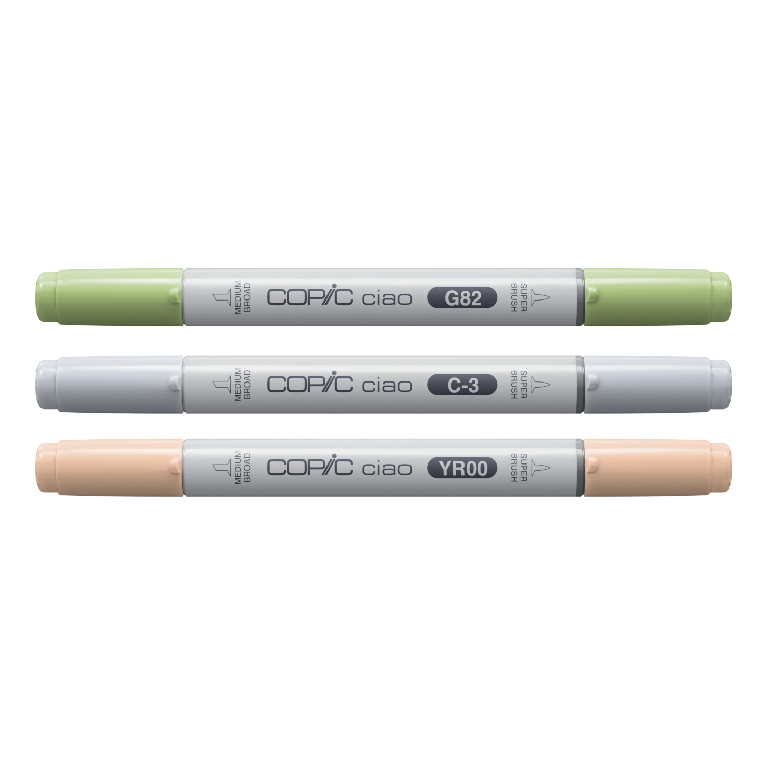 Marker Set Ciao Layer & Mix Natural Palette 3 Stück von Copic, bestehend aus drei doppelseitigen Markern in verschiedenen Farbtönen.