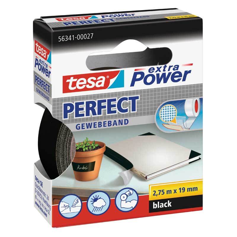 Gewebeband extra Power schwarz 19mm 2,75m von tesa in Verpackung, ideal für vielseitige Anwendungen.