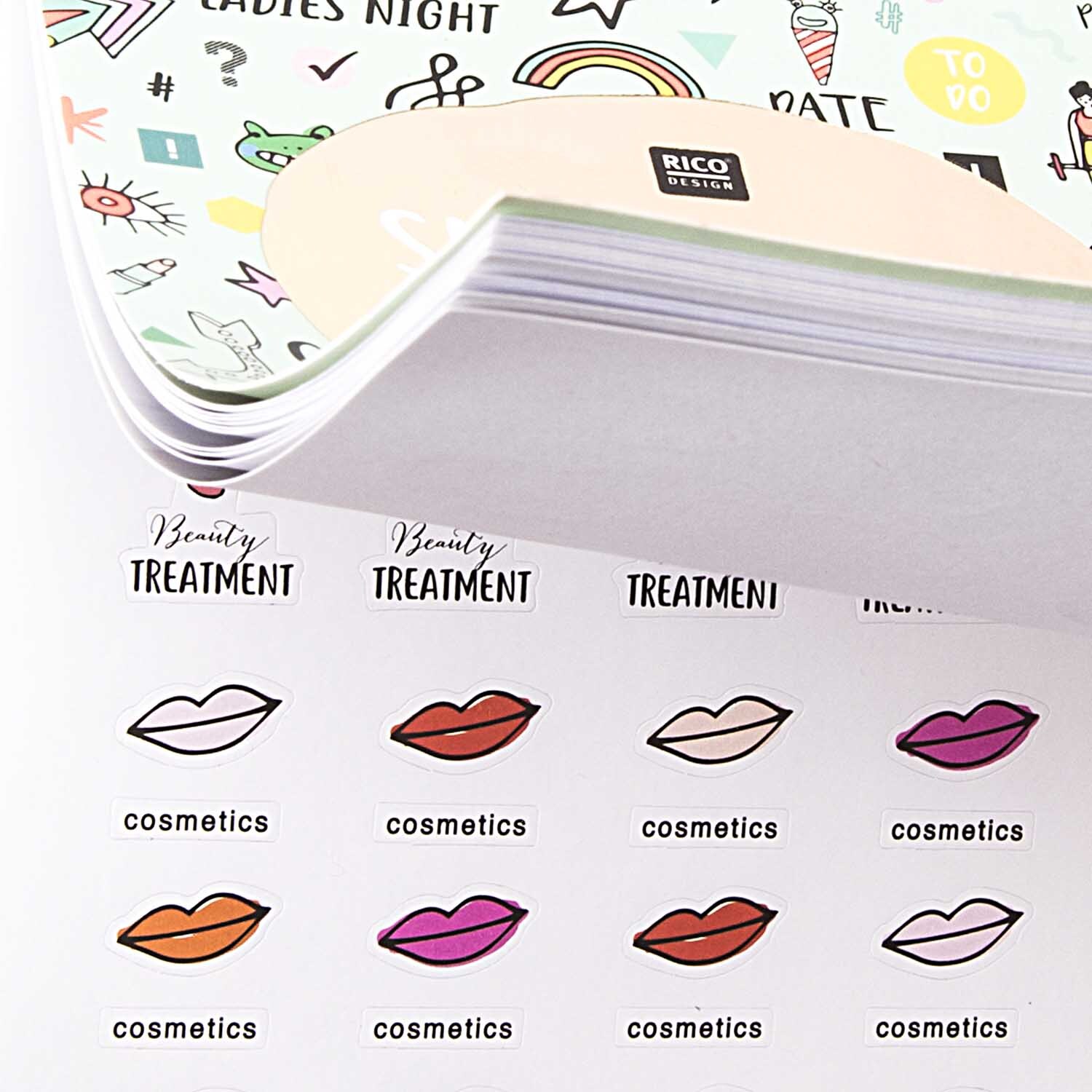 Paper Poetry Stickerbuch Wonderland mint mit 20 Blättern von Rico Design, zeigt bunte Lippensticker.