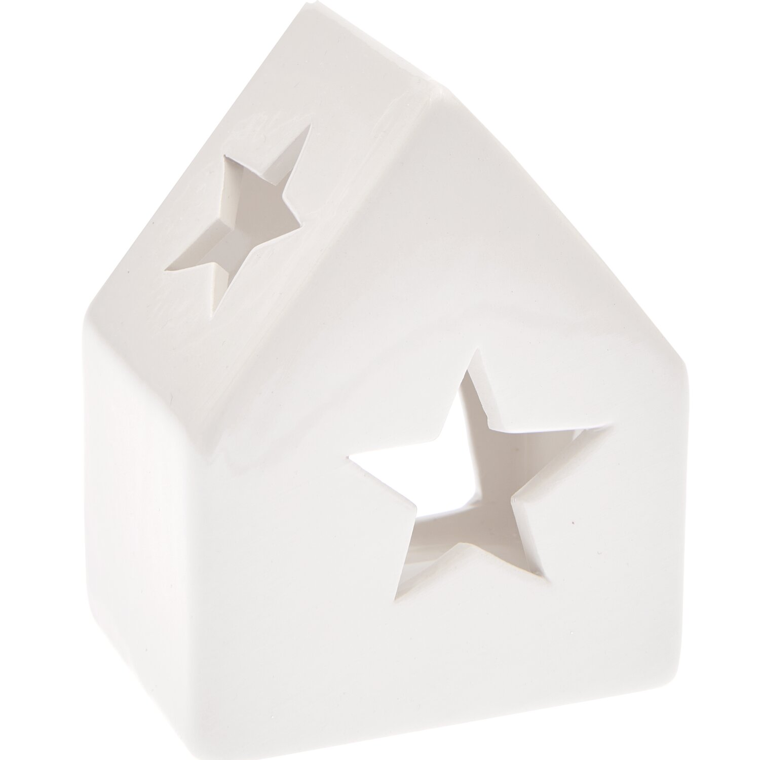 Keramik-Kerzenhalter Haus weiß 8,5x6,2x10cm mit sternförmigen Ausschnitten, ideal für stimmungsvolle Beleuchtung.