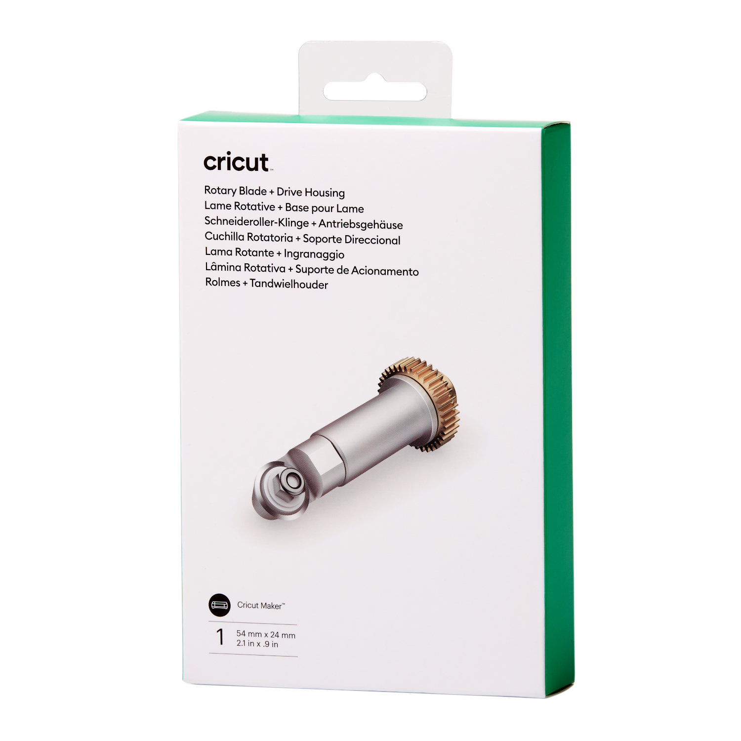 Rotary Blade Rollschneider mit Gehäuse von Cricut in Verpackung, zeigt das silberne Schneidewerkzeug.