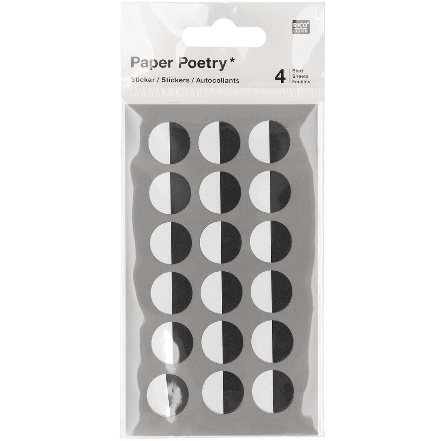 Paper Poetry Sticker Augen rechts 4 Blatt von Rico Design zeigt schwarz-weiße Halbkreise auf grauem Hintergrund in einer transparenten Verpackung.