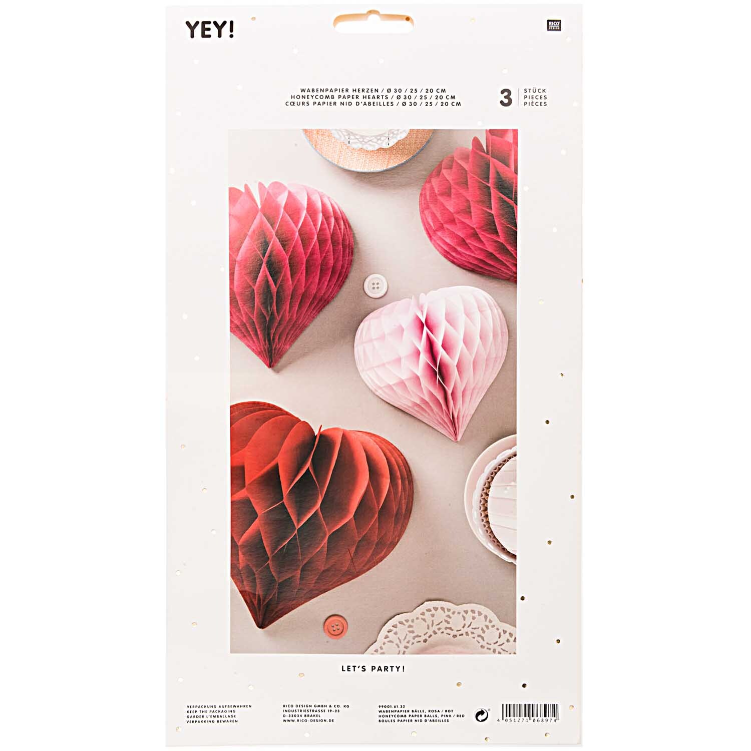 Wabenpapier Herzen rot 3 Stück von Rico Design