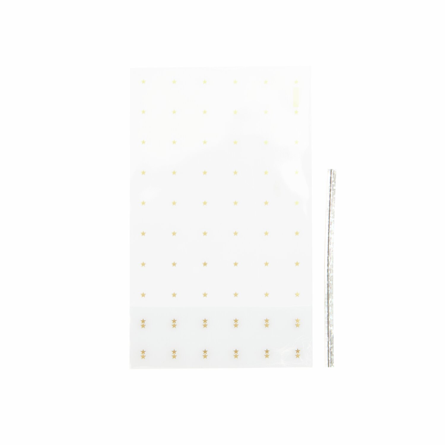 Kekstüten Goldene Sterne Raster, 10 Stück. Transparent mit goldenen Sternen und silbernem Band. Ideal für festliche Anlässe und Geschenke.