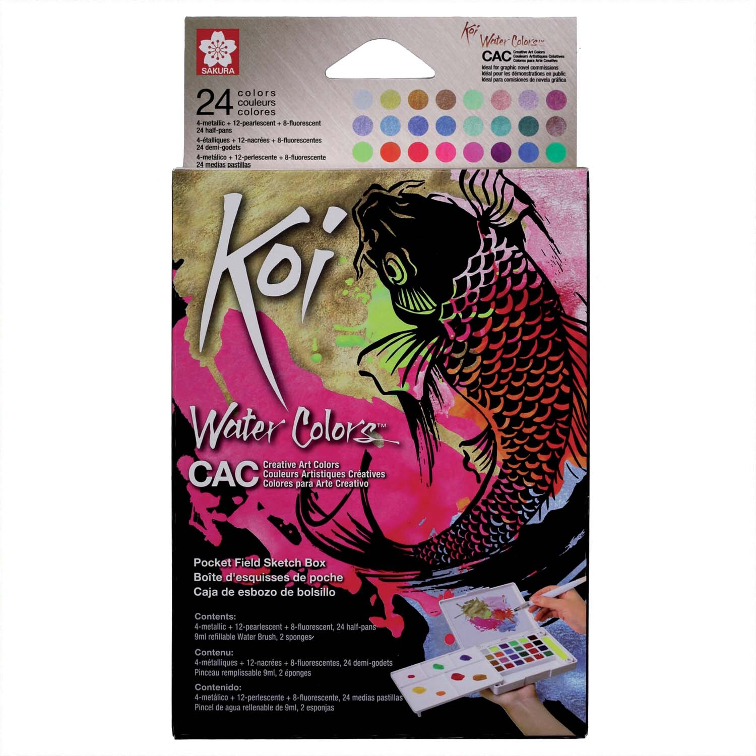 Water Color Sketchbox Creative Art Colours 24 Farben zeigt eine Koi-Skizzenbox mit lebendigen Farben.