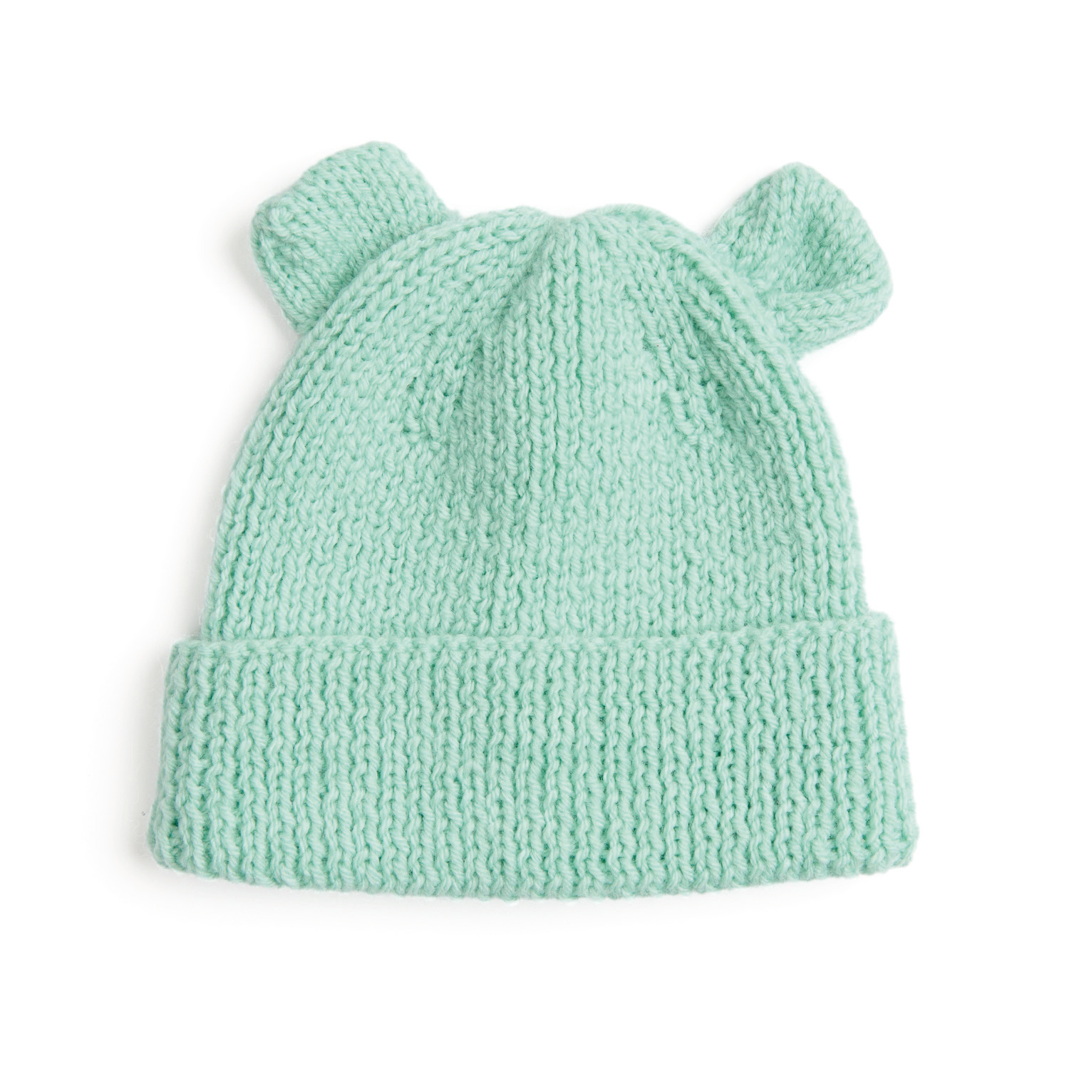 Strickset Mütze Modell 08: Weiche, mintgrüne Babymütze mit niedlichen Ohren aus Rico Baby 040.