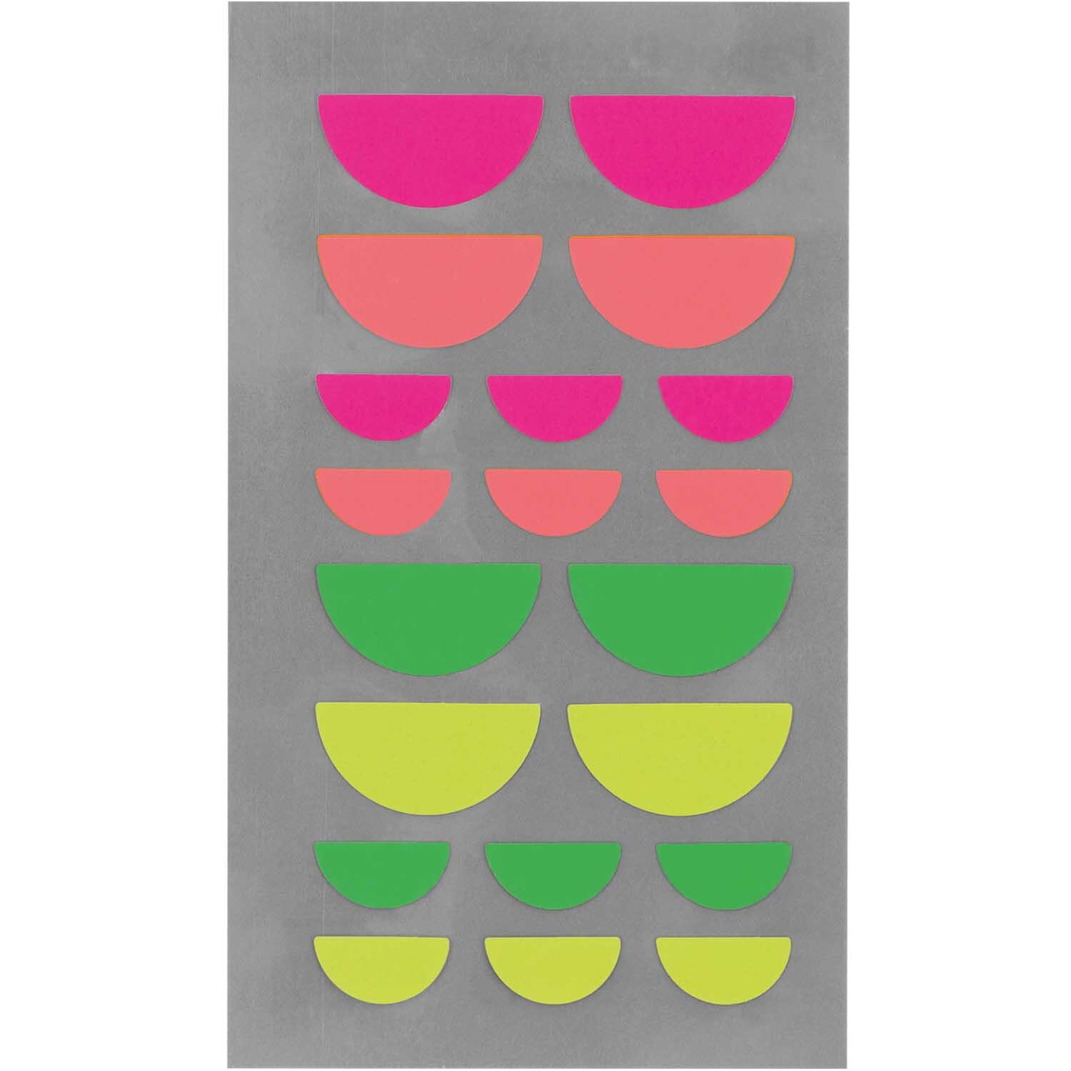 Paper Poetry Sticker Mund neon 4 Blatt zeigt bunte Halbkreise in Pink, Grün und Gelb auf grauem Hintergrund.