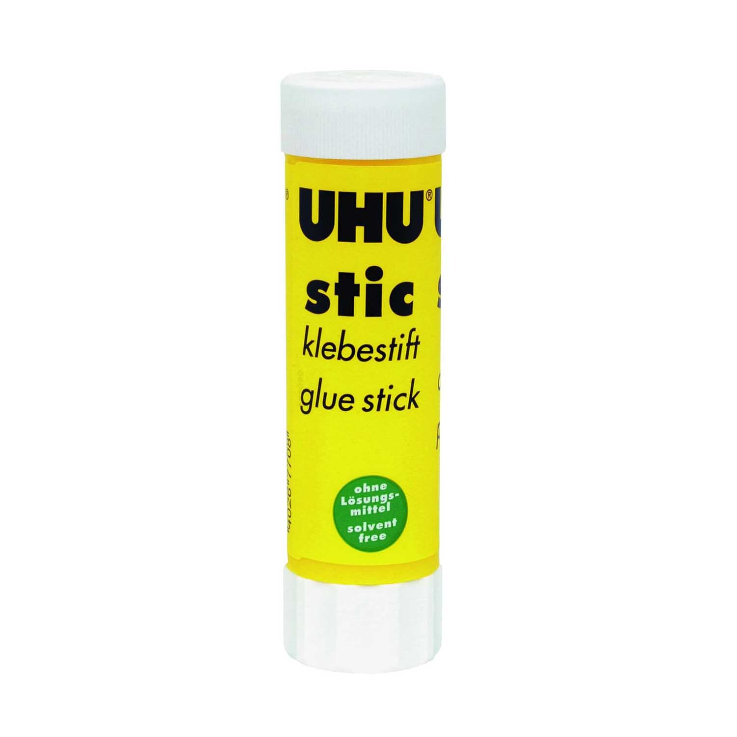 Klebestift ohne Lösungsmittel 40g von UHU, gelber Stift mit weißer Kappe, ideal für präzises Kleben.