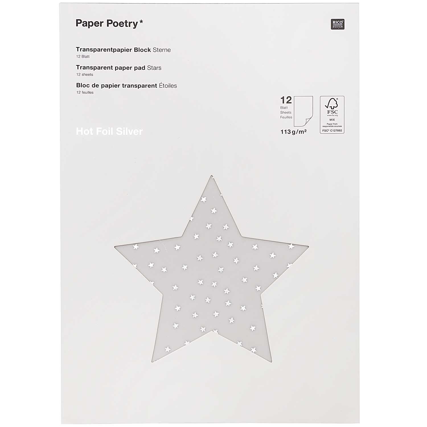 Paper Poetry Transparentpapierblock zeigt silberne Sterne auf 21x29,5cm, 12 Blatt von Rico Design.