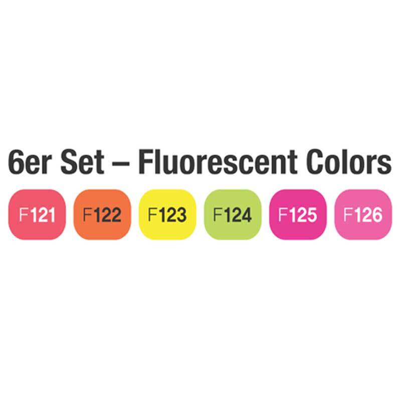 Twin Brush Marker Flourescent 6er Set: Sechs leuchtende Marker von TOUCH in verschiedenen Farben, ideal für kreative Projekte.