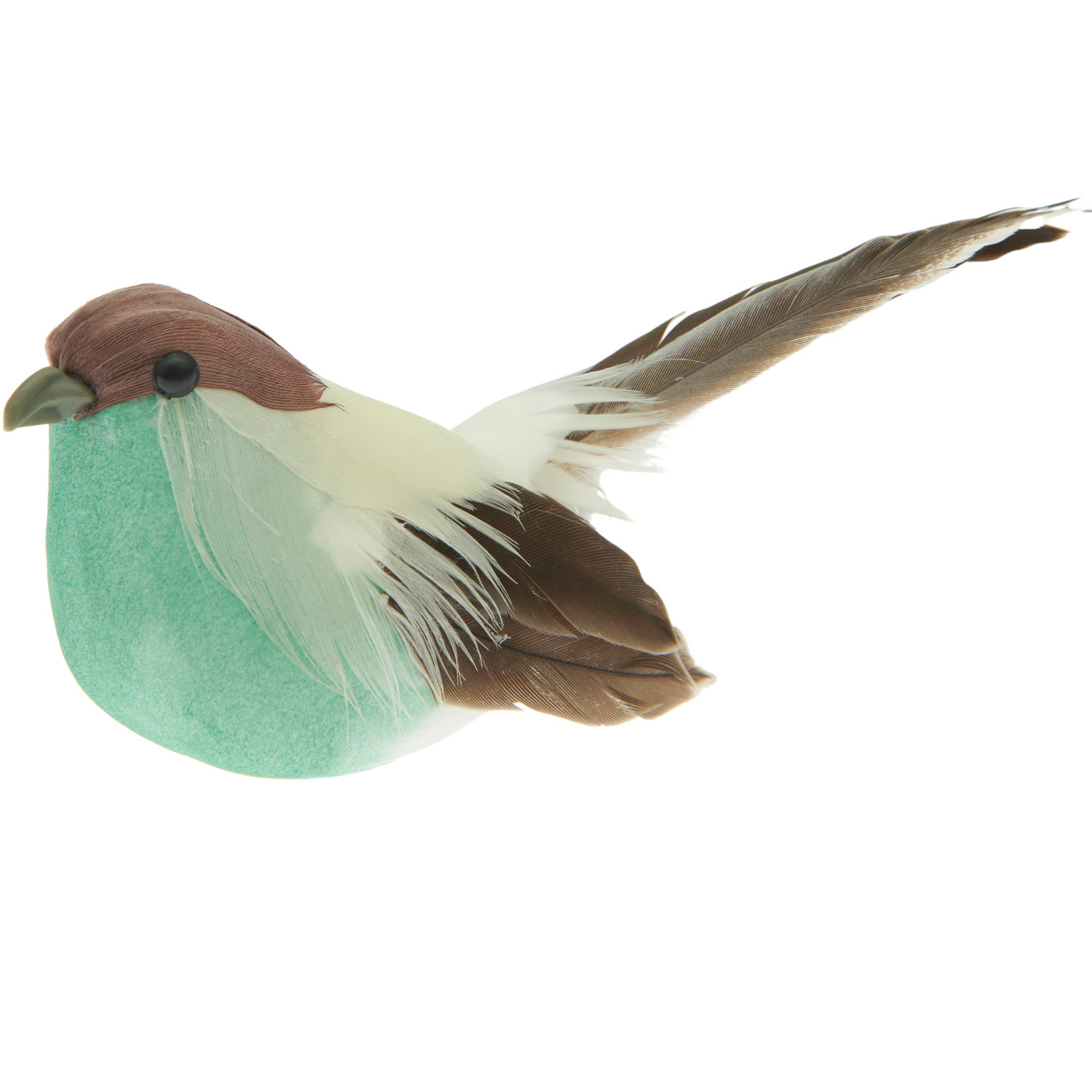 Vogel mit Clip: Dekorativer türkisfarbener Vogel von Rico Design mit braunen Federn und Clip.