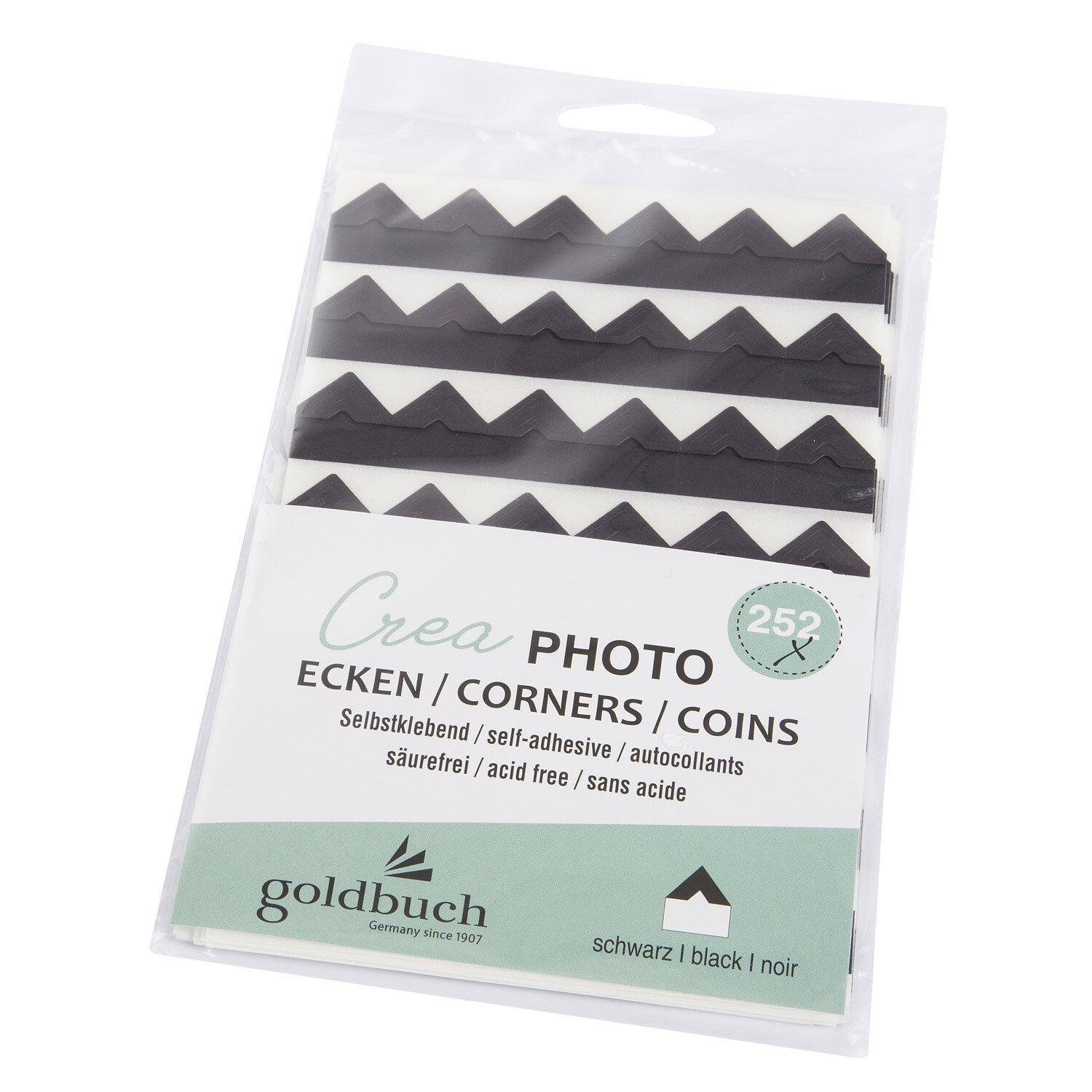 Fotoecken Crea von goldbuch, 252 Stück, selbstklebend, schwarz, in einer transparenten Verpackung.