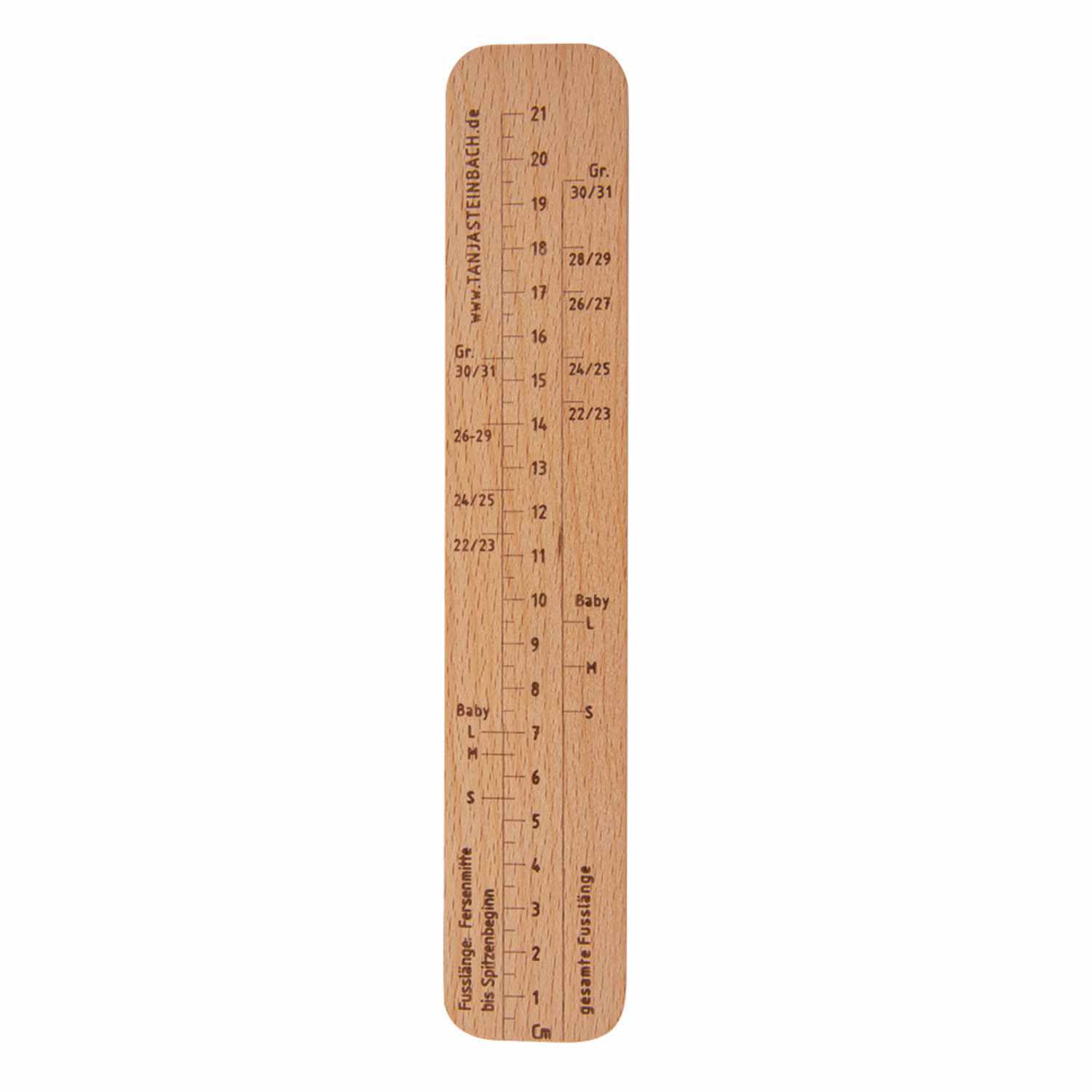 Babysocken Lineal 4-fach aus Holz mit Maßangaben für verschiedene Größen, ideal für Lana Grossa Produkte.